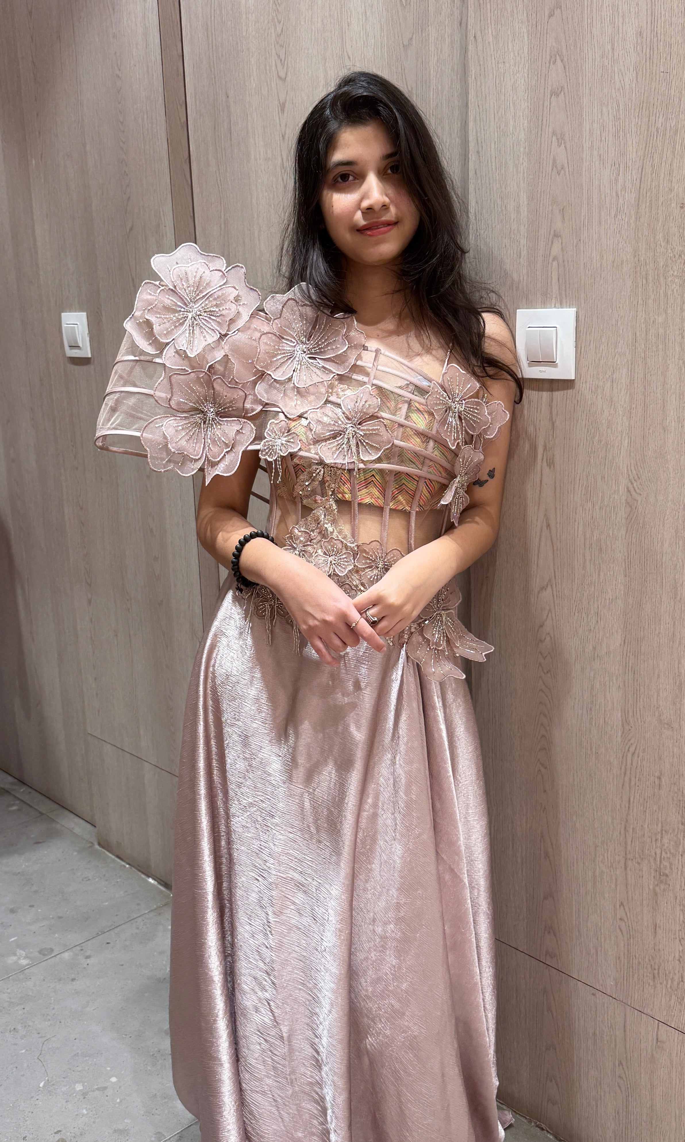 Mowe Gold Floral Applique Gown