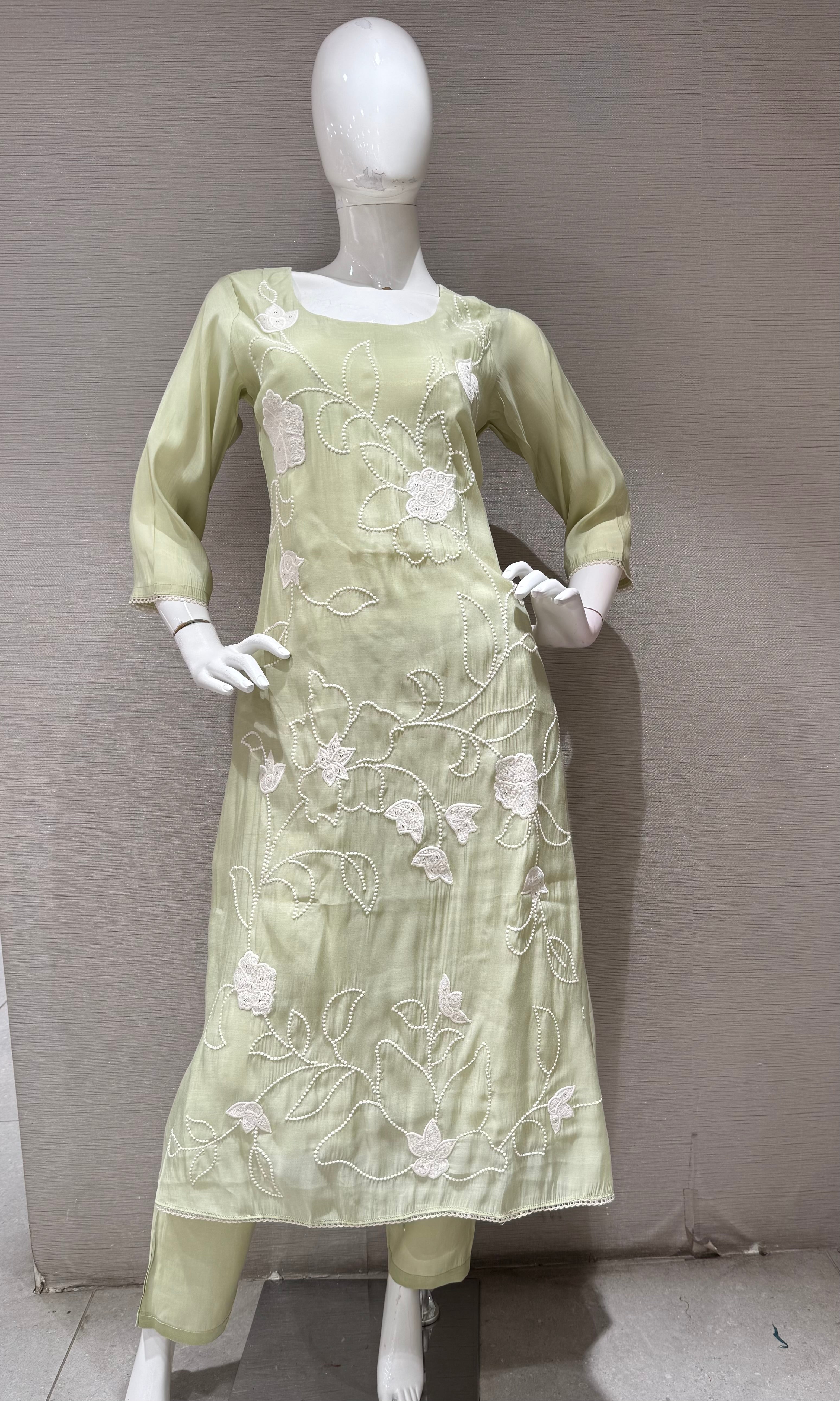 Pastel Green Cotton Floral Kurta & Dupatta Set