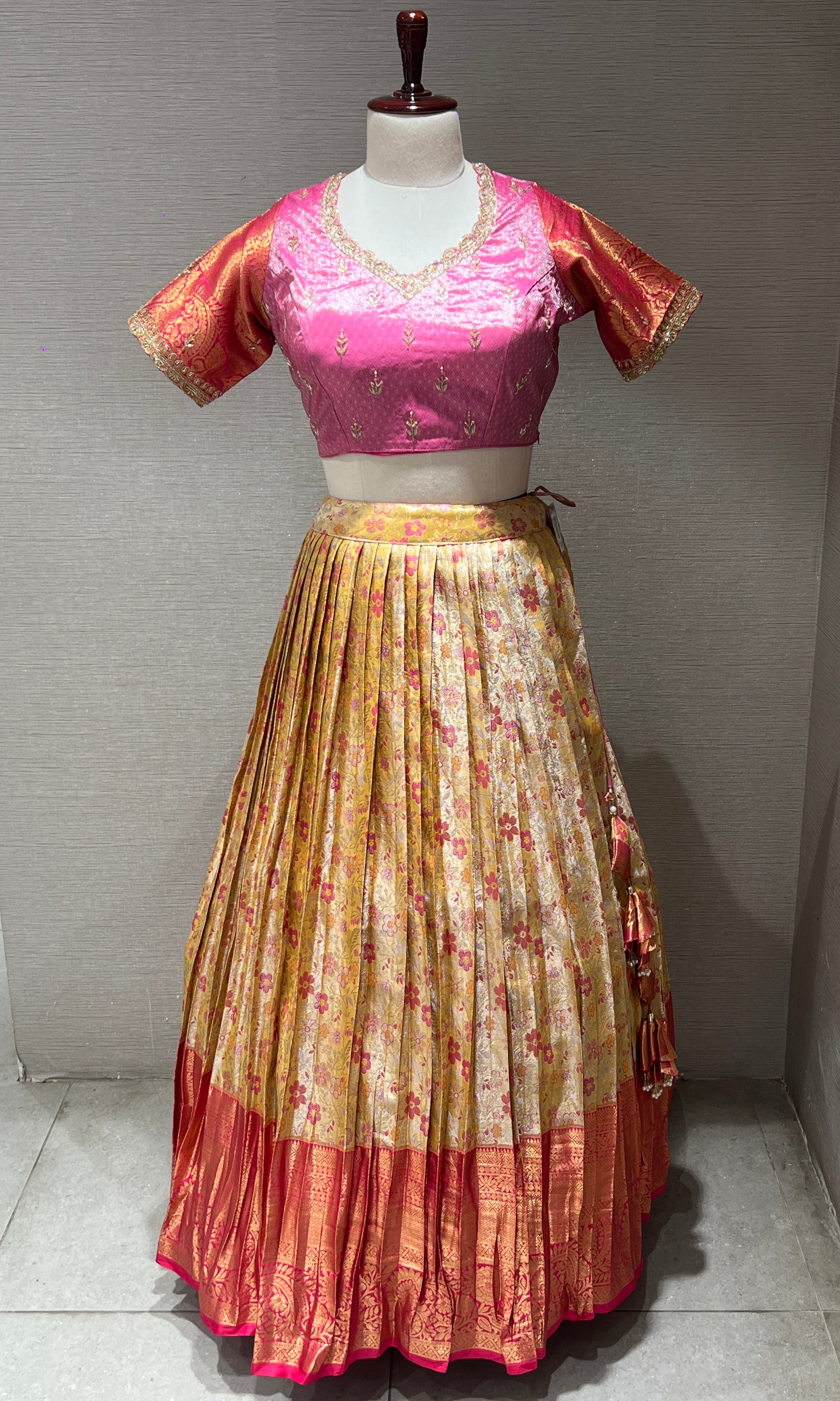 Mustard yellow Floral Zari Work Lehenga