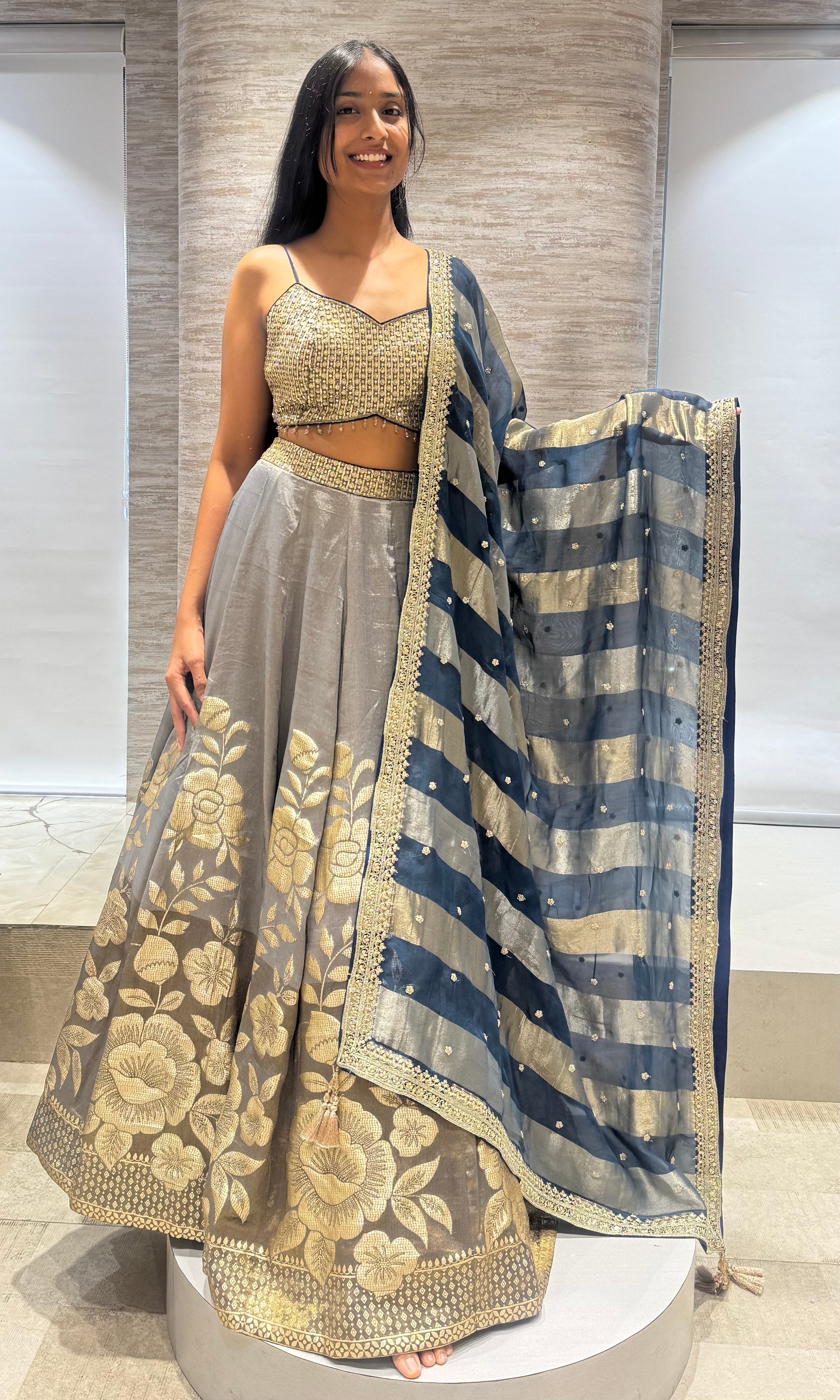 blue Gold floral Zari Lehenga set