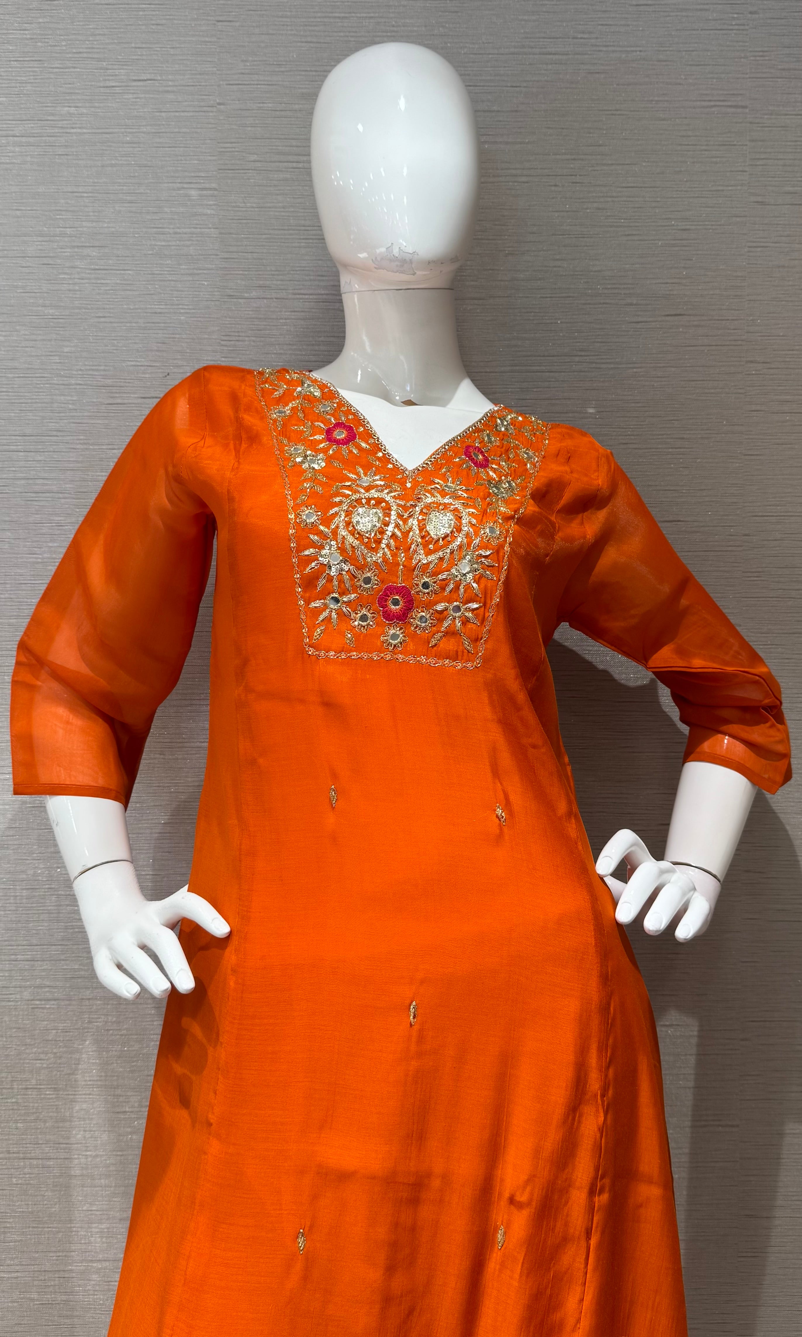 Orange Silk Salwar Suit Set with Contrasting Pink Dupatta