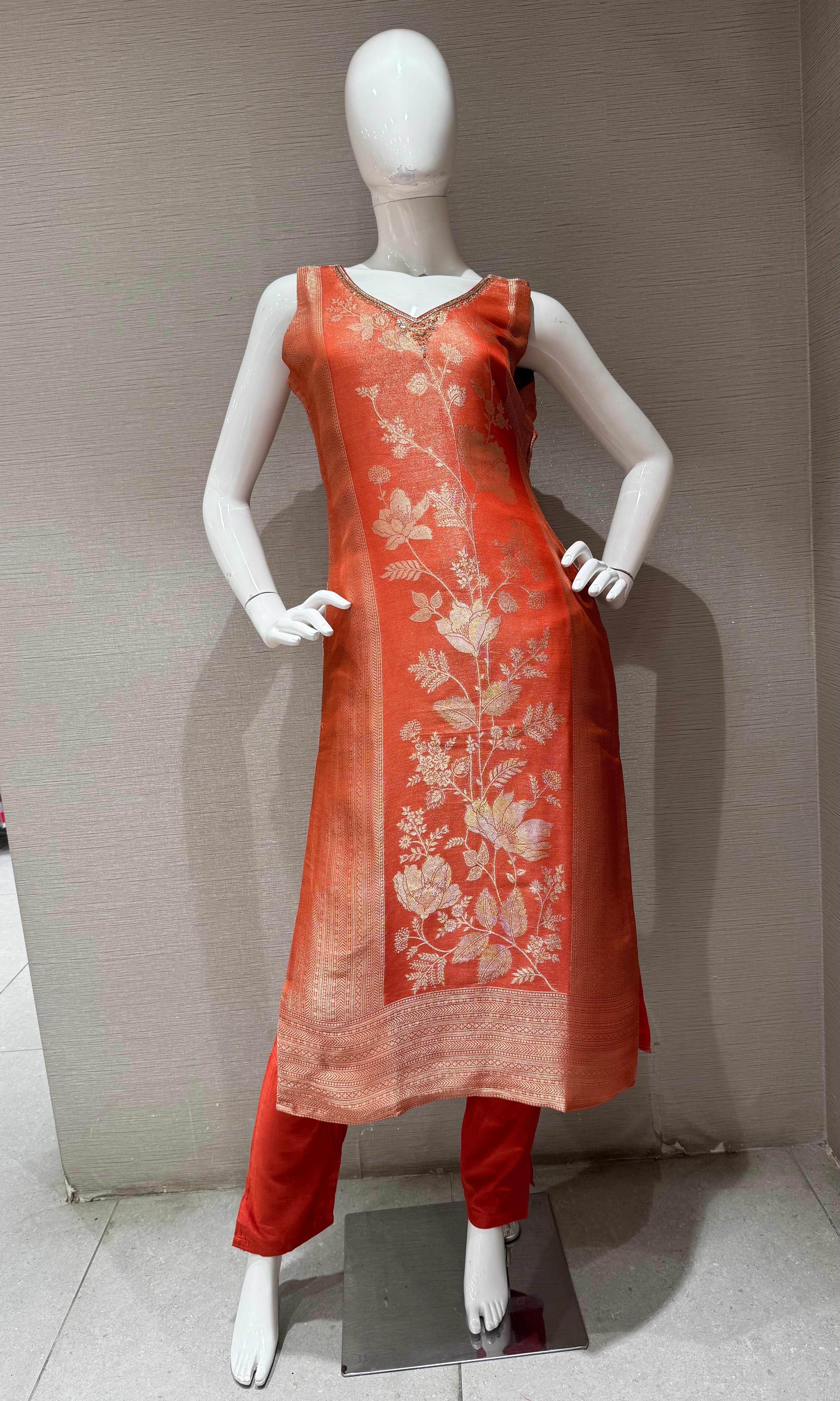 Orange golden floral Brocade Kurta Set