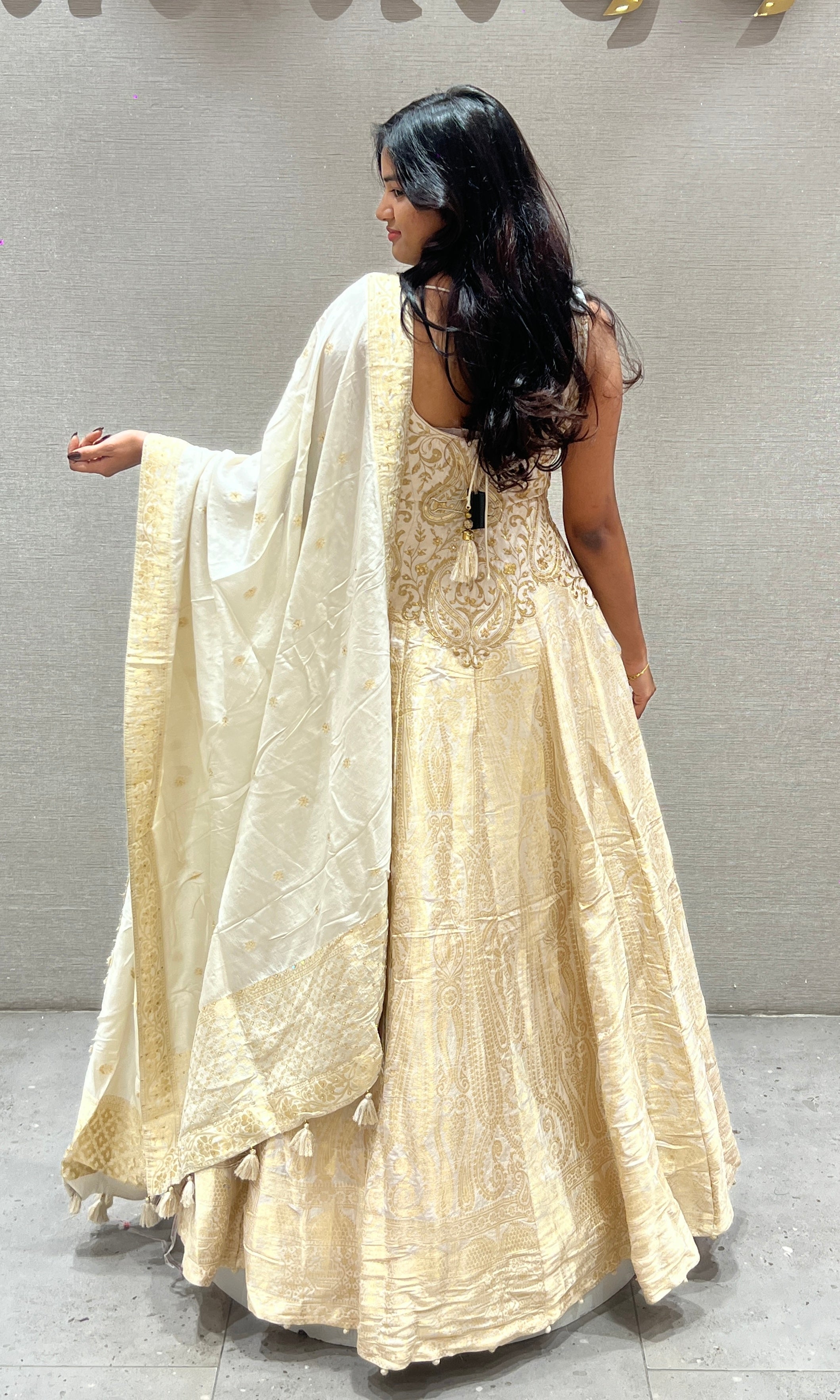 Cream and Gold Zardozi Anarkali Gown