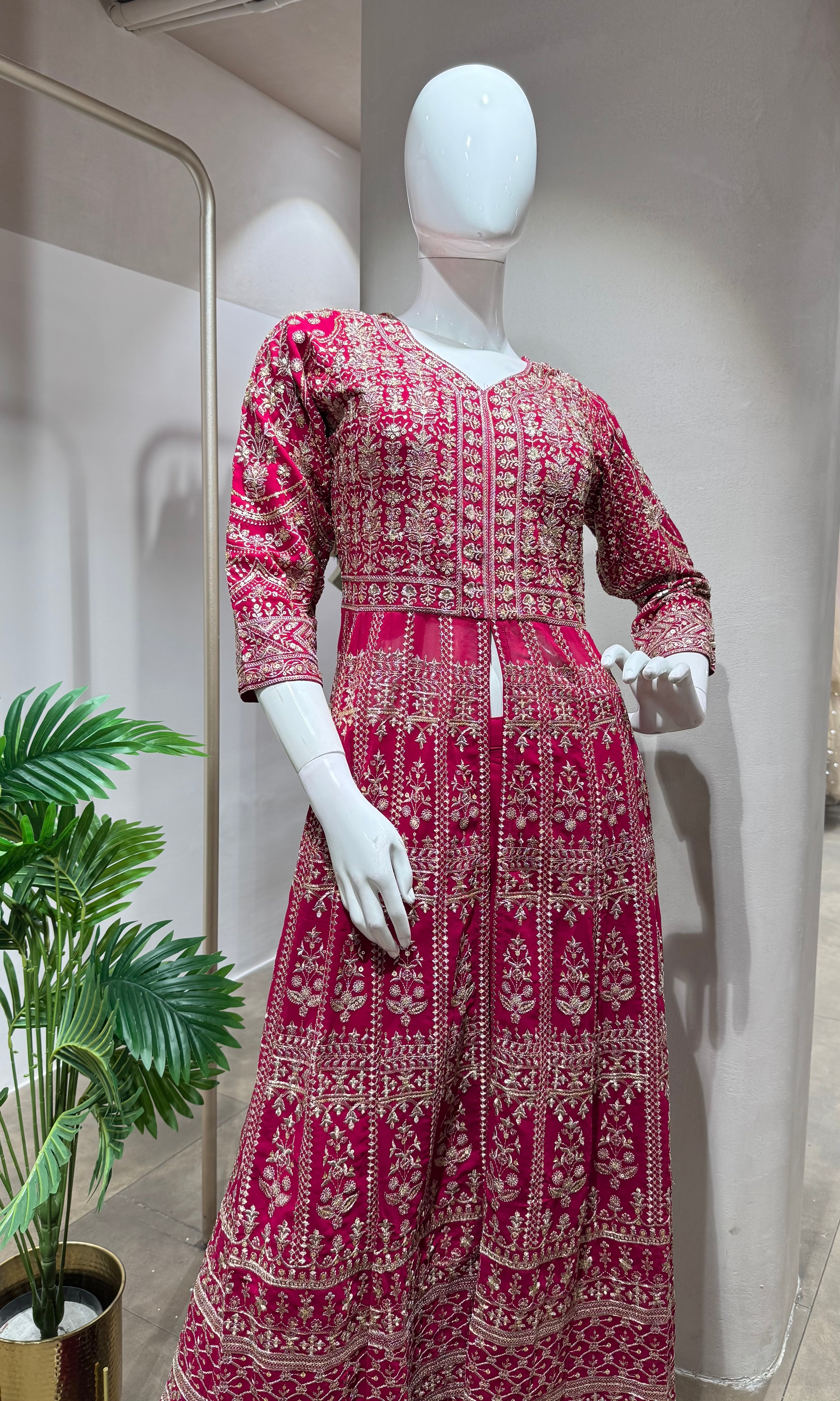 RANI PINK Embroidered front Slit anarkali set