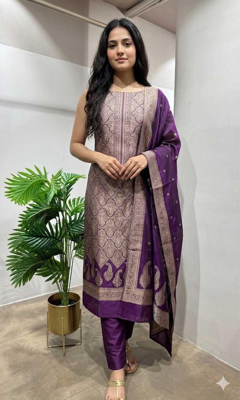 Wine Banarasi Silk DRESS MATERIAL