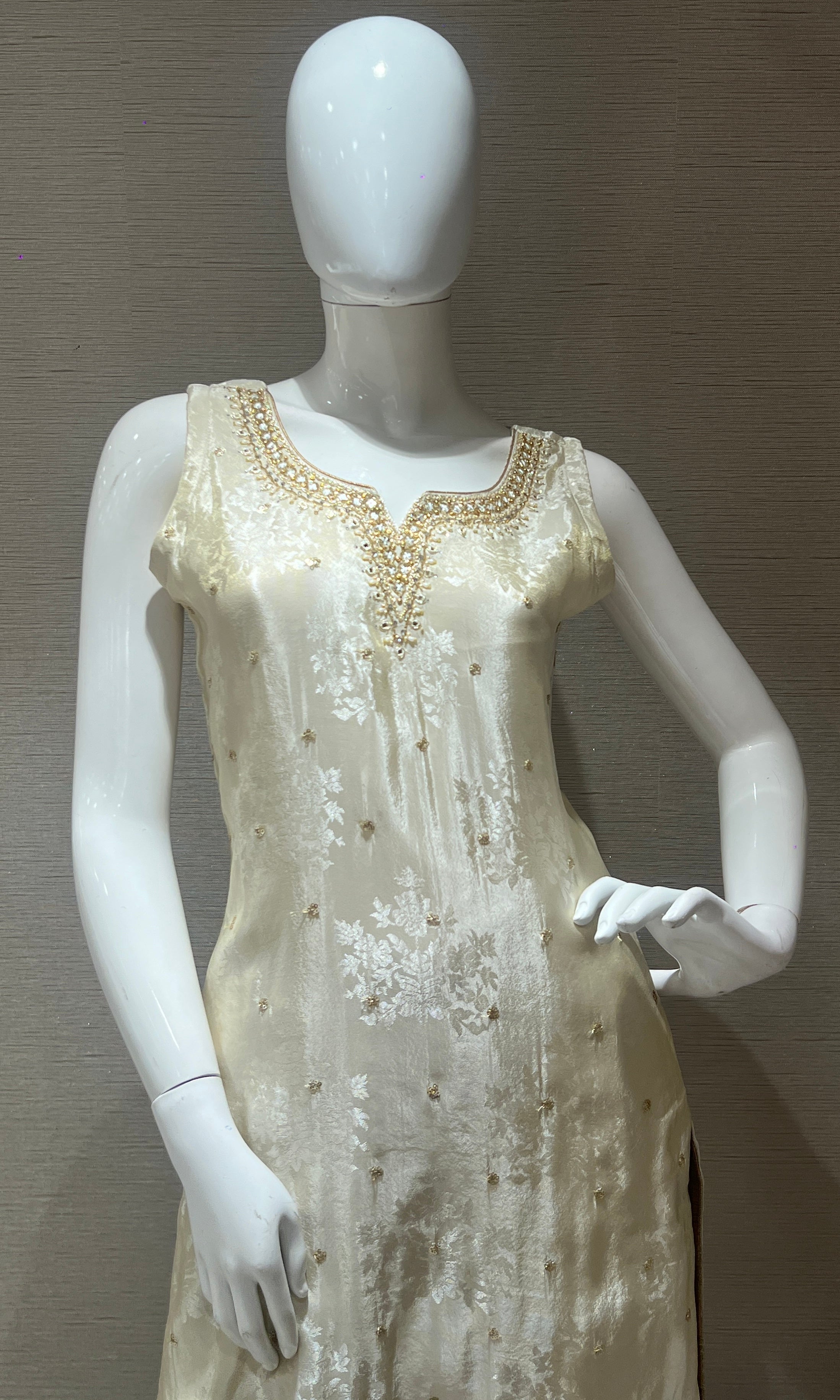 Cream and Gold Embroidered Kurta Set