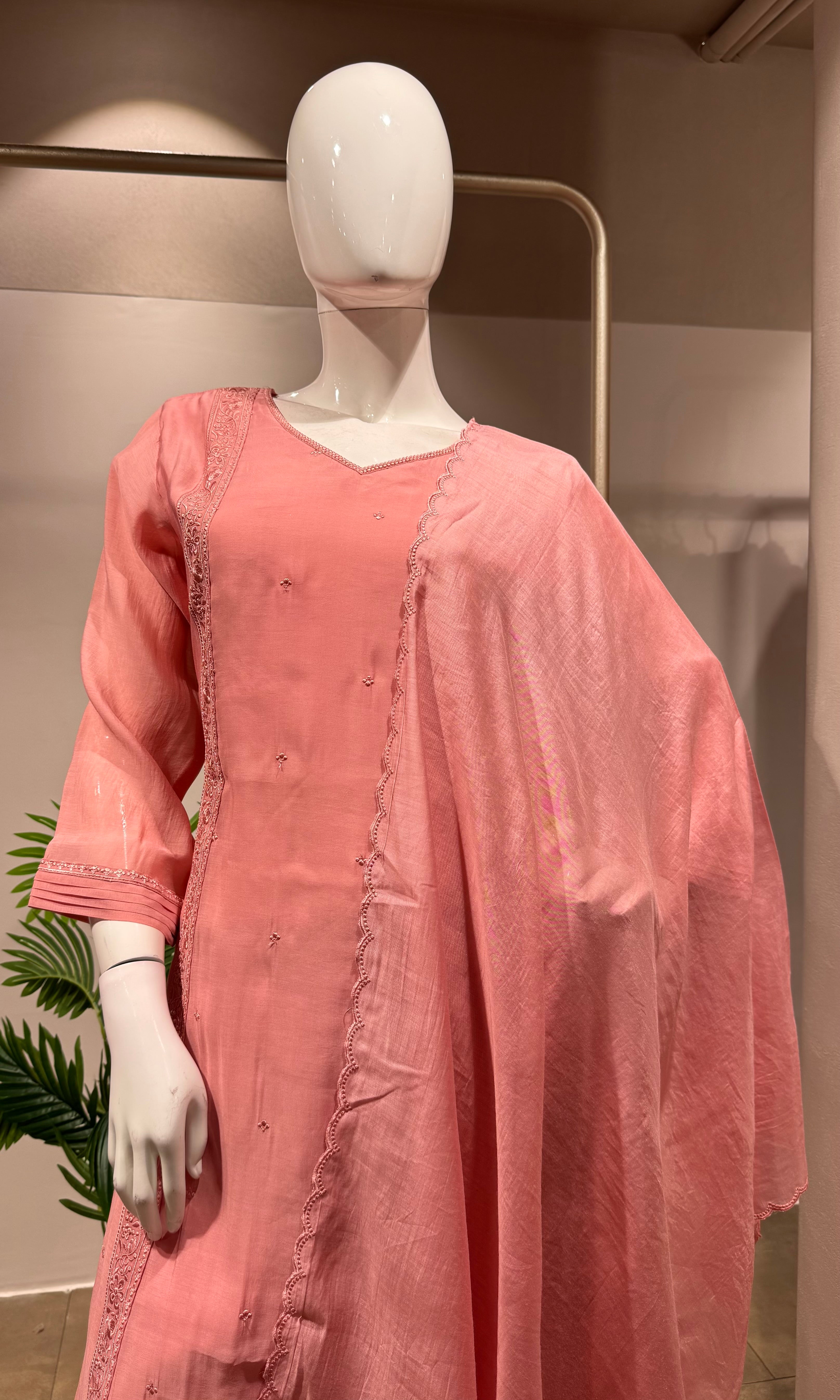 BABY PINK Embroidered Chanderi Silk Straight Kurta Set