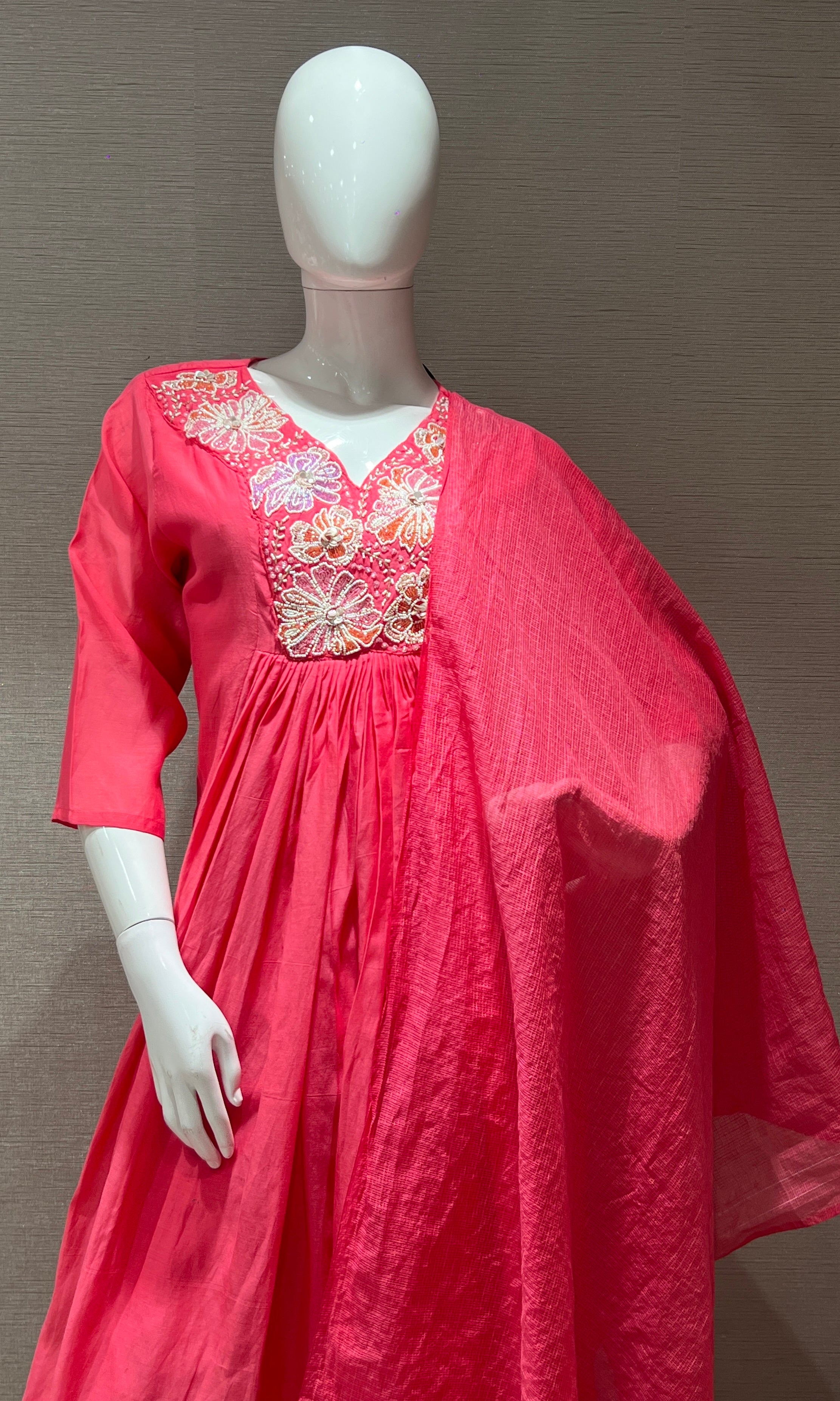 Pink Floral Neckline Kurta Set