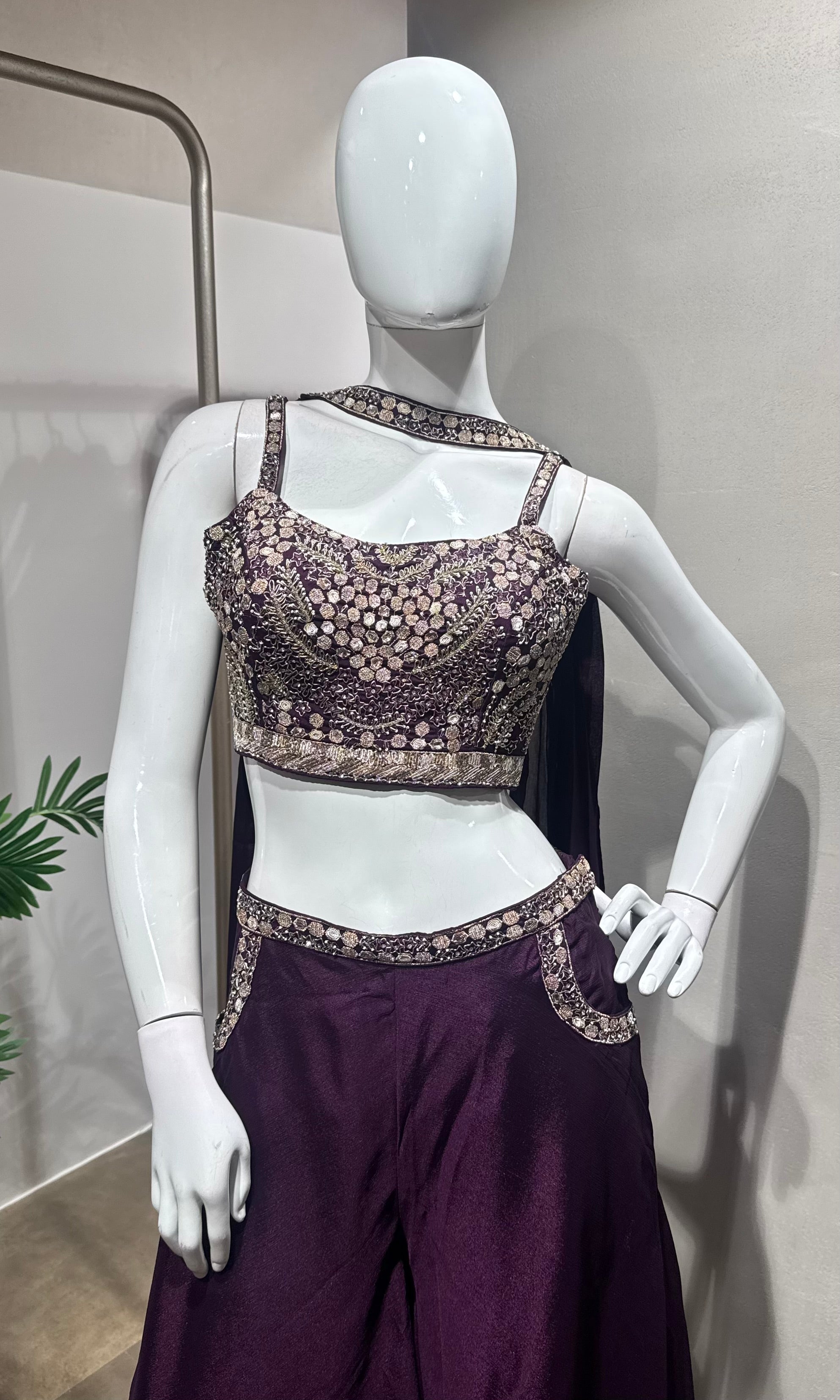 Wine Georgette Crop Top & Palazzo Set