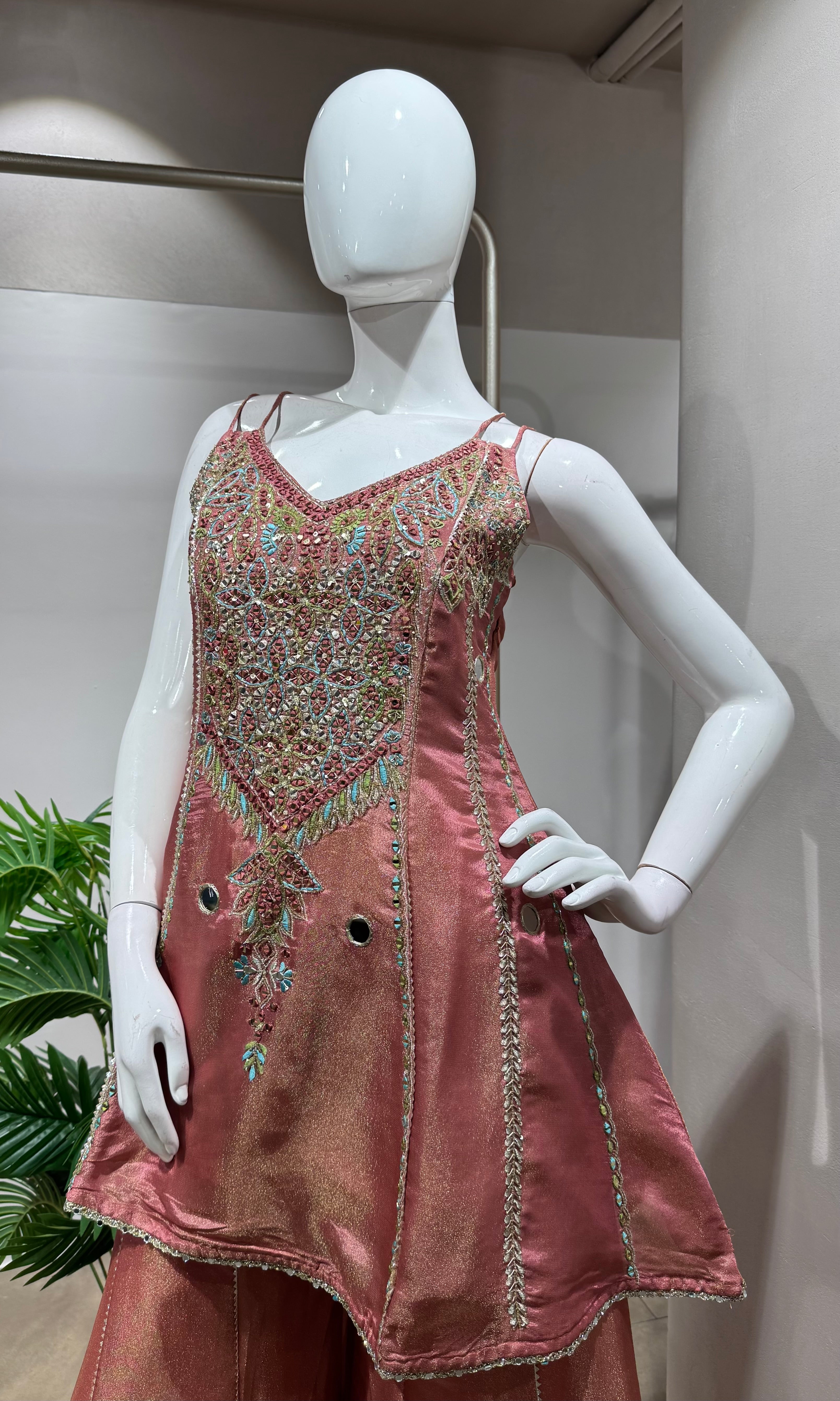 peach embroidered Tissue Sharara Set