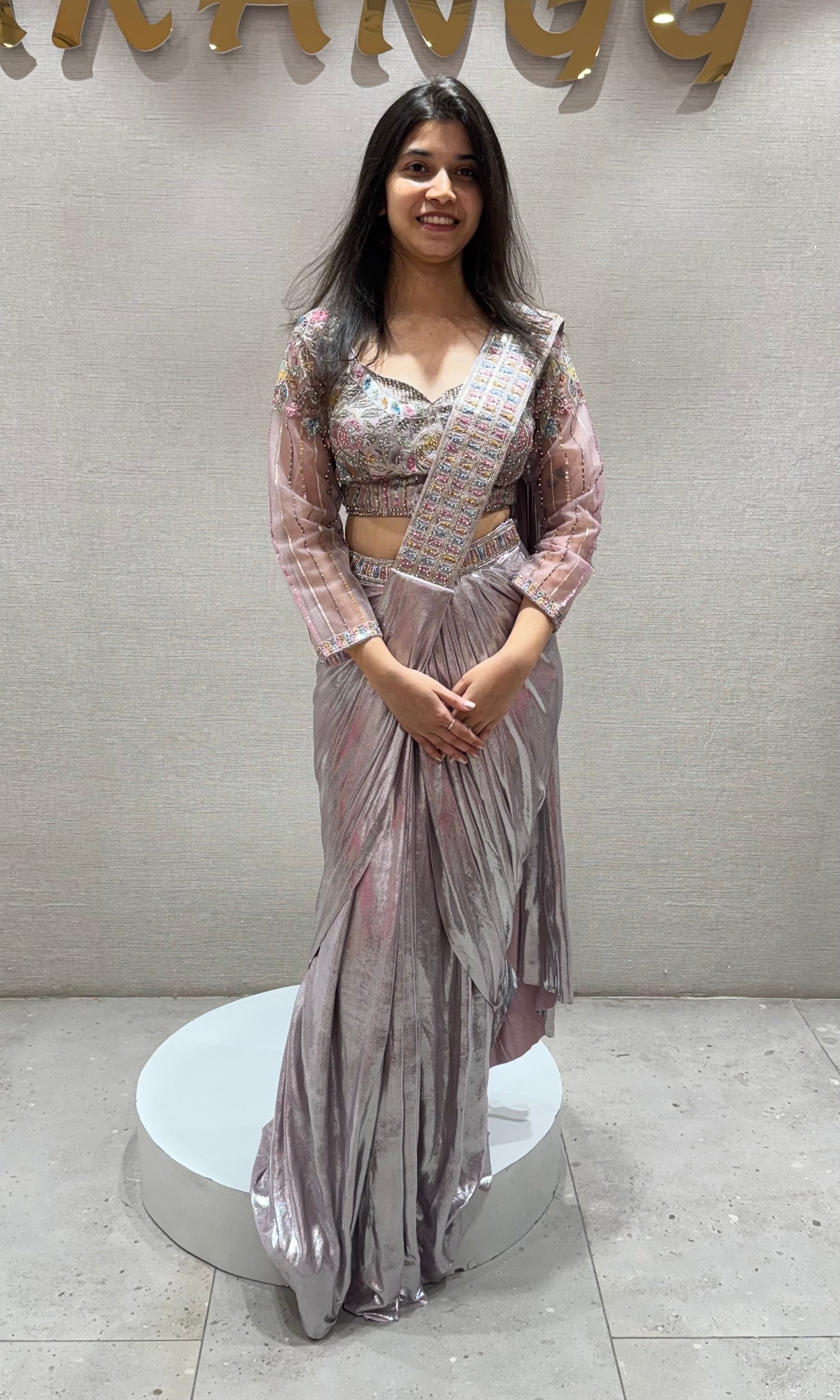 Peach Pre-Draped Metallic Shimmer Saree