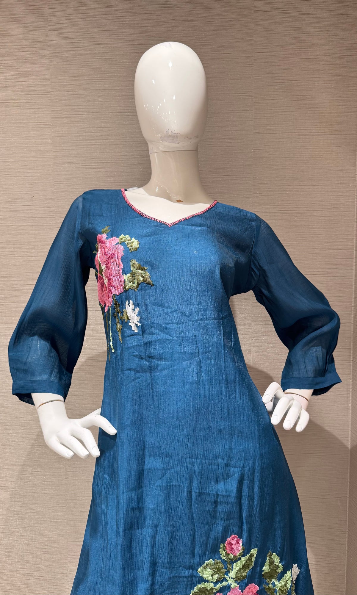 Blue Floral Embroidered Cotton Kurta Set with Dupatta