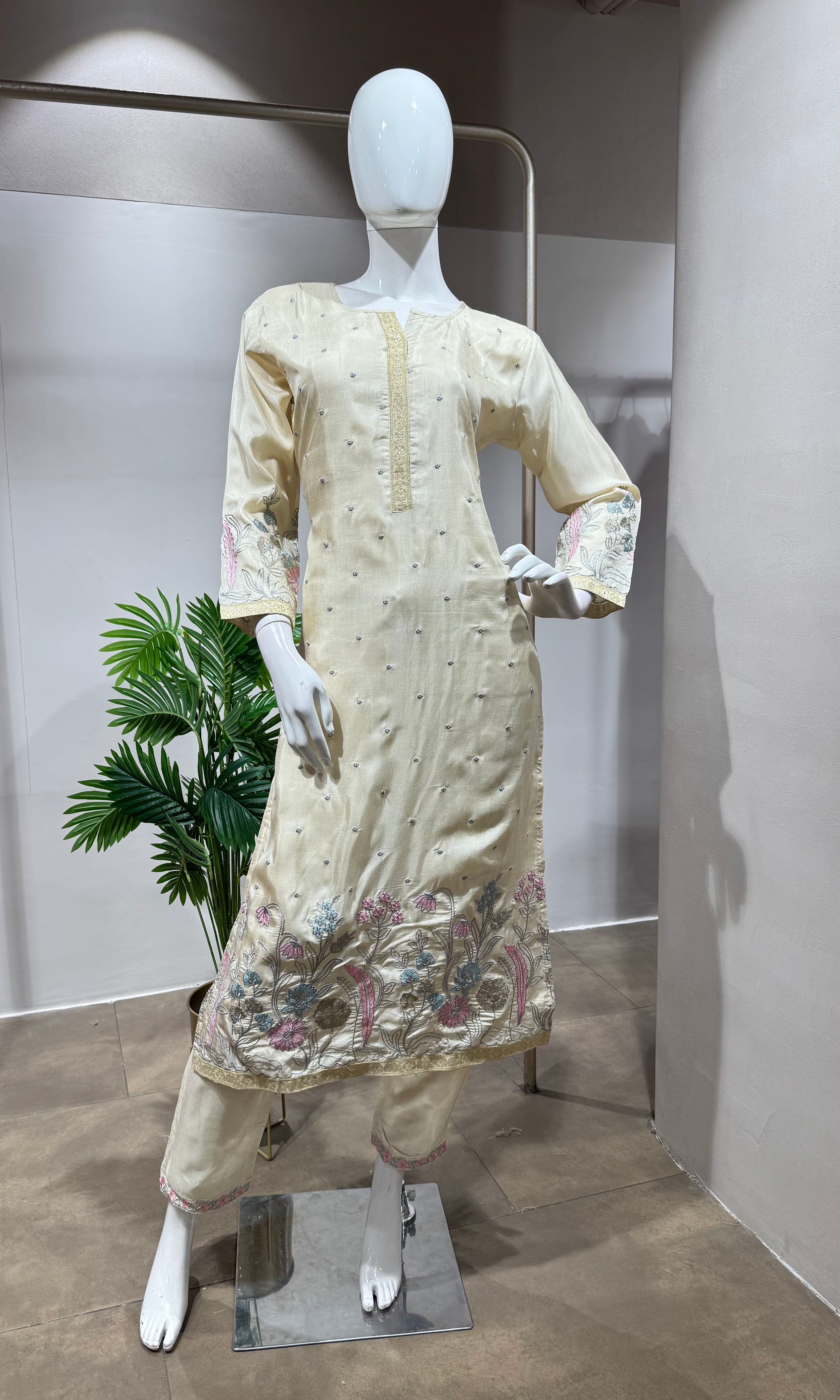 Elegant Cream Embroidered Kurta Set