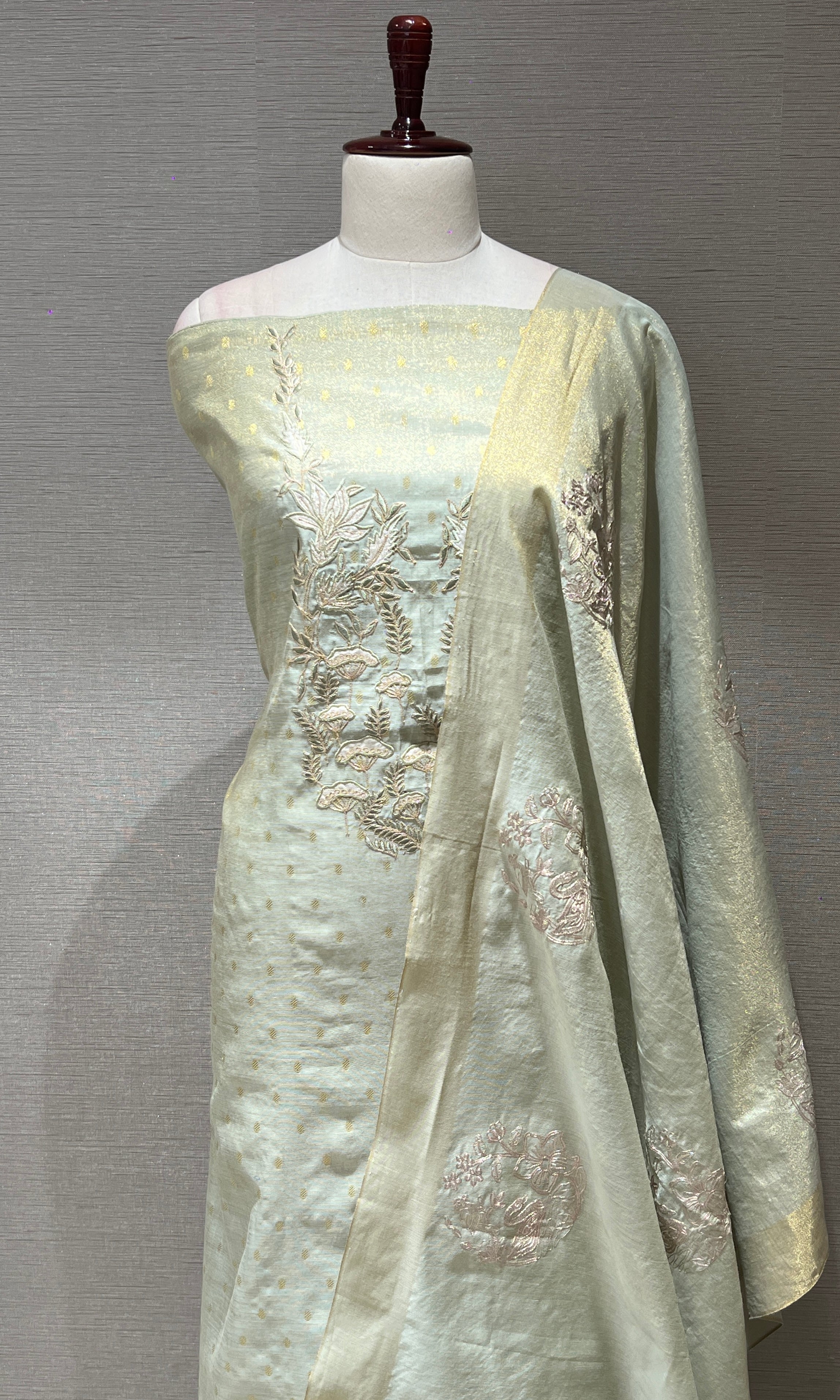 Pista green embroidered dress material