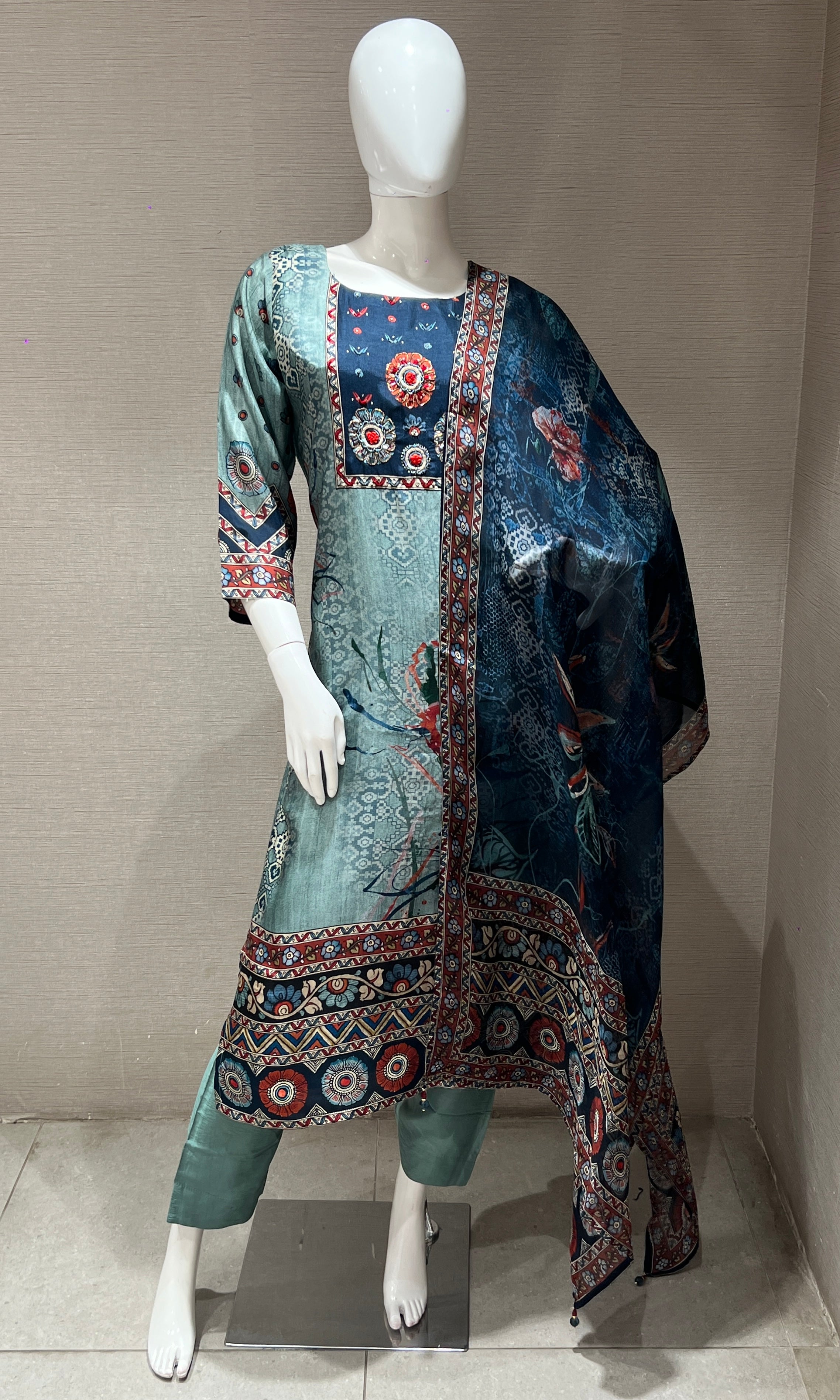 blue and sea green tussar silk kurta set