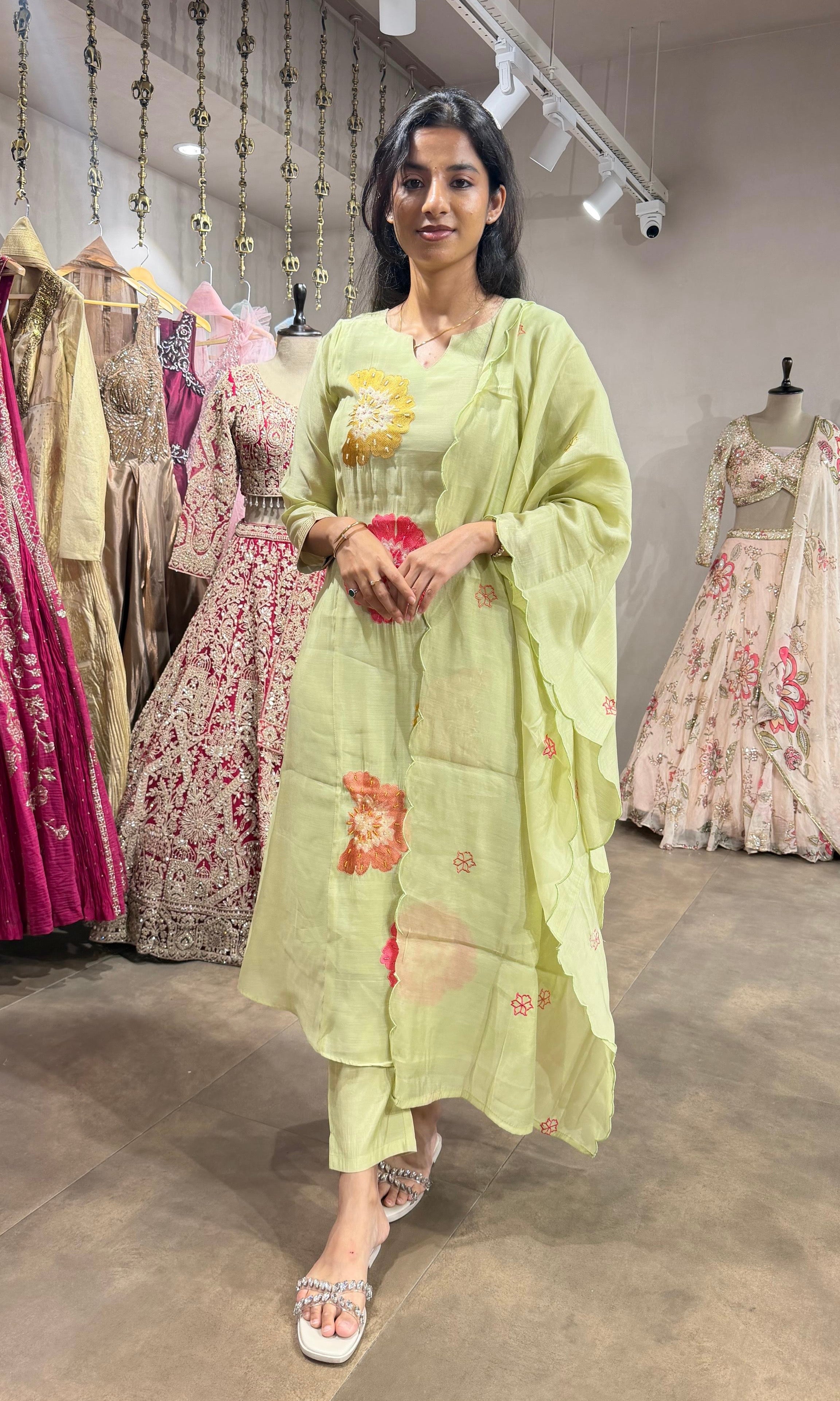 pista green floral printed kurta set