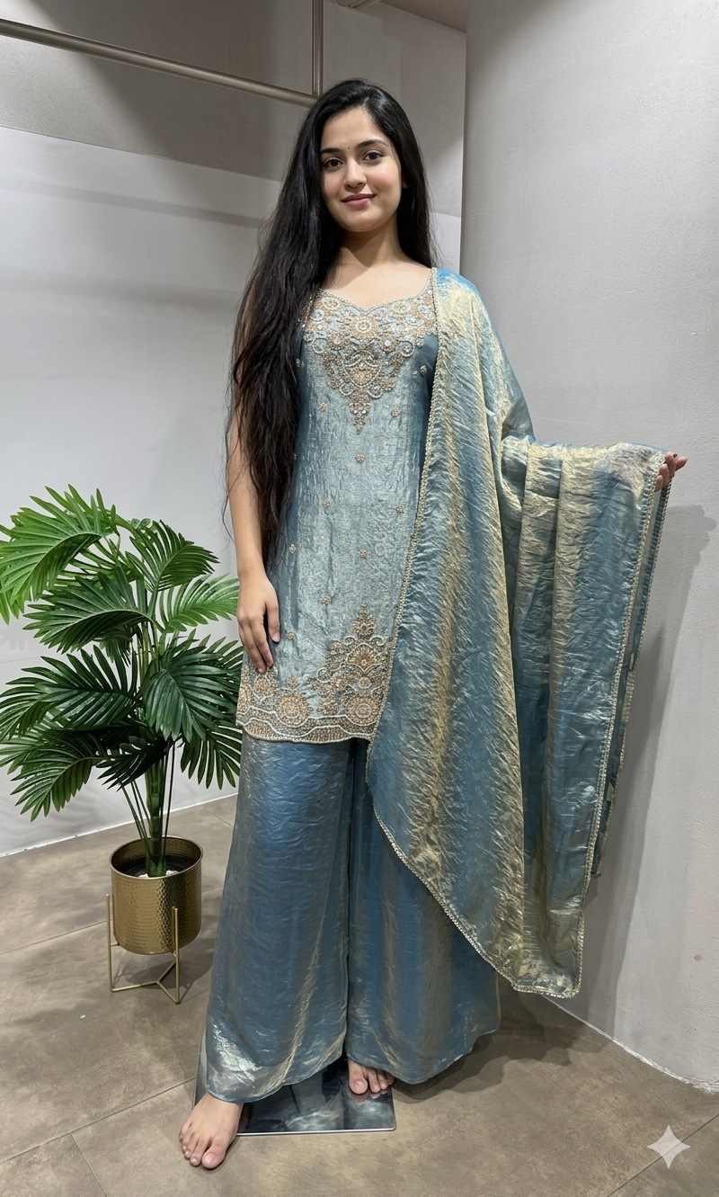 Blue Tissue golden embroidered Sharara Set