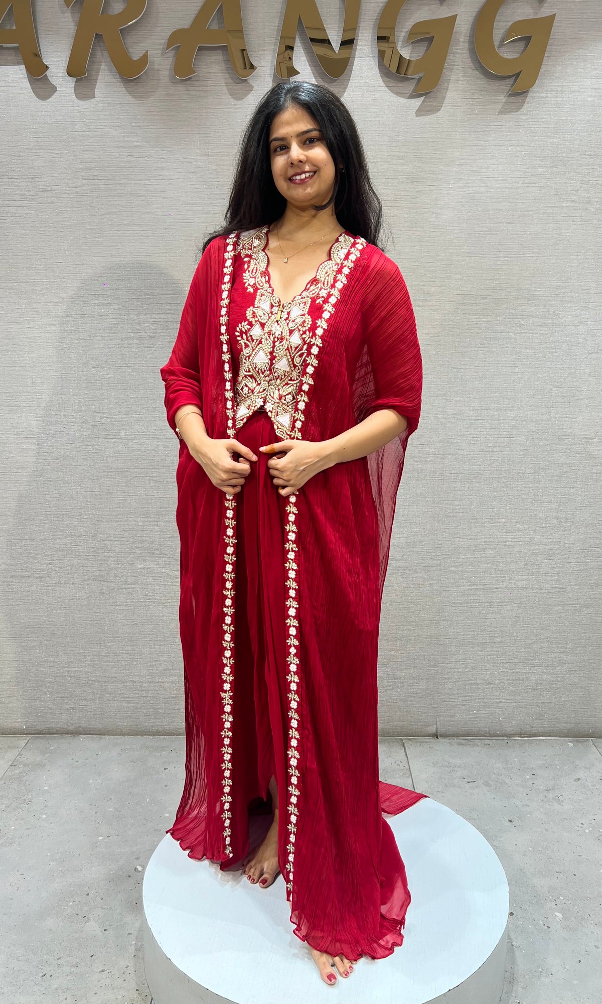 Red Embroidered Georgette skirt with Jacket & Shrug