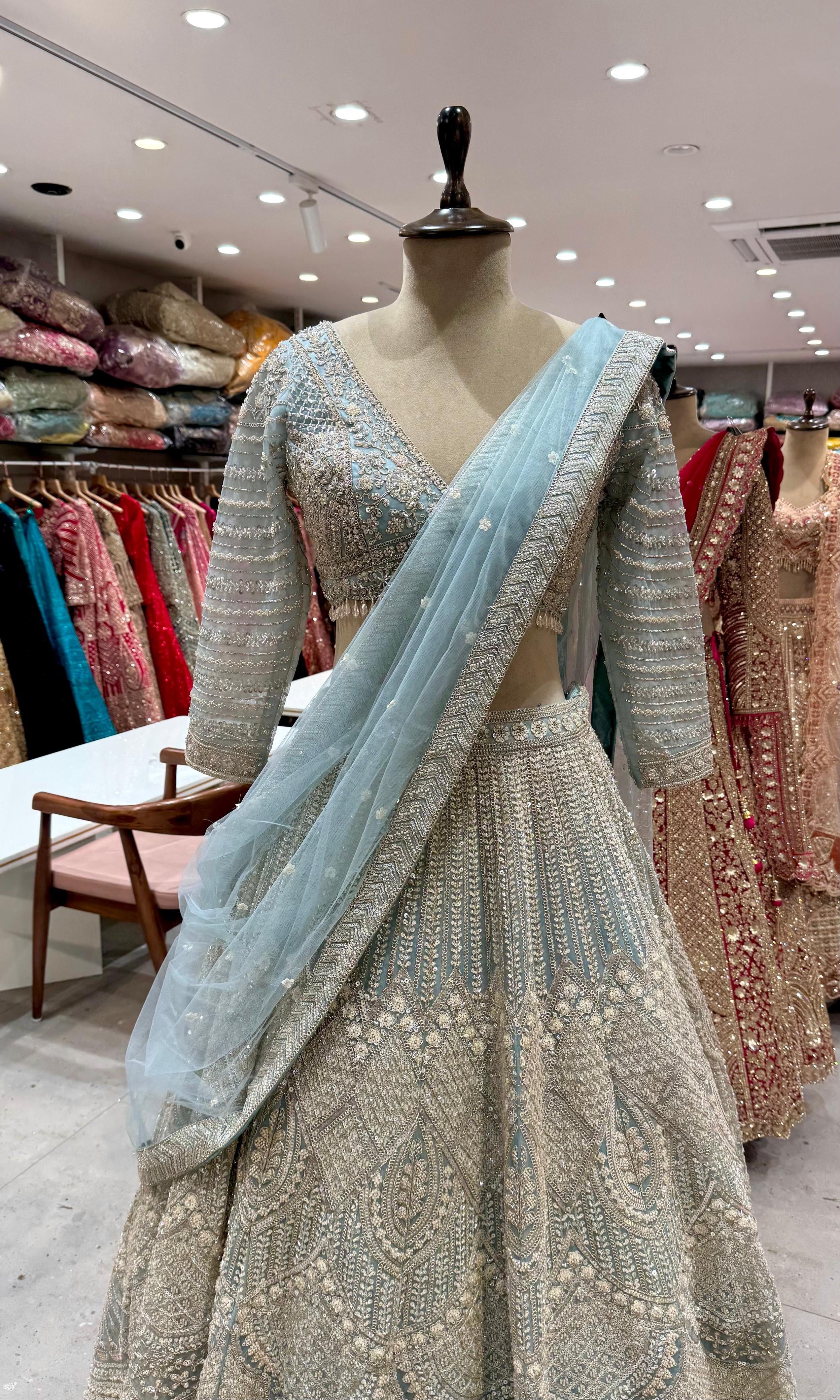 Light blue Crystal Glow Thread & Sequin Lehenga