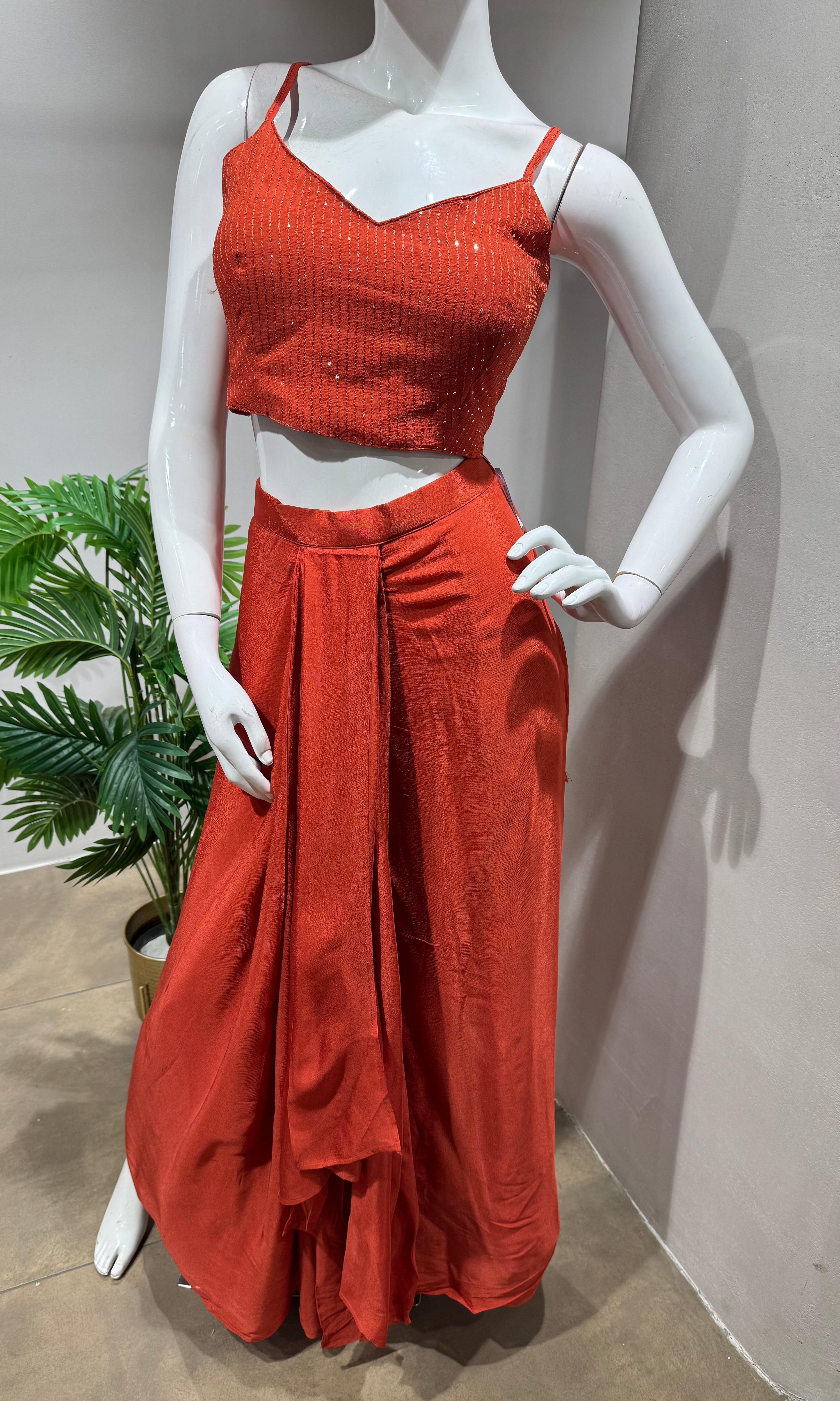RUST WITH CROP TOP PALAZZO SET WITH JACKET