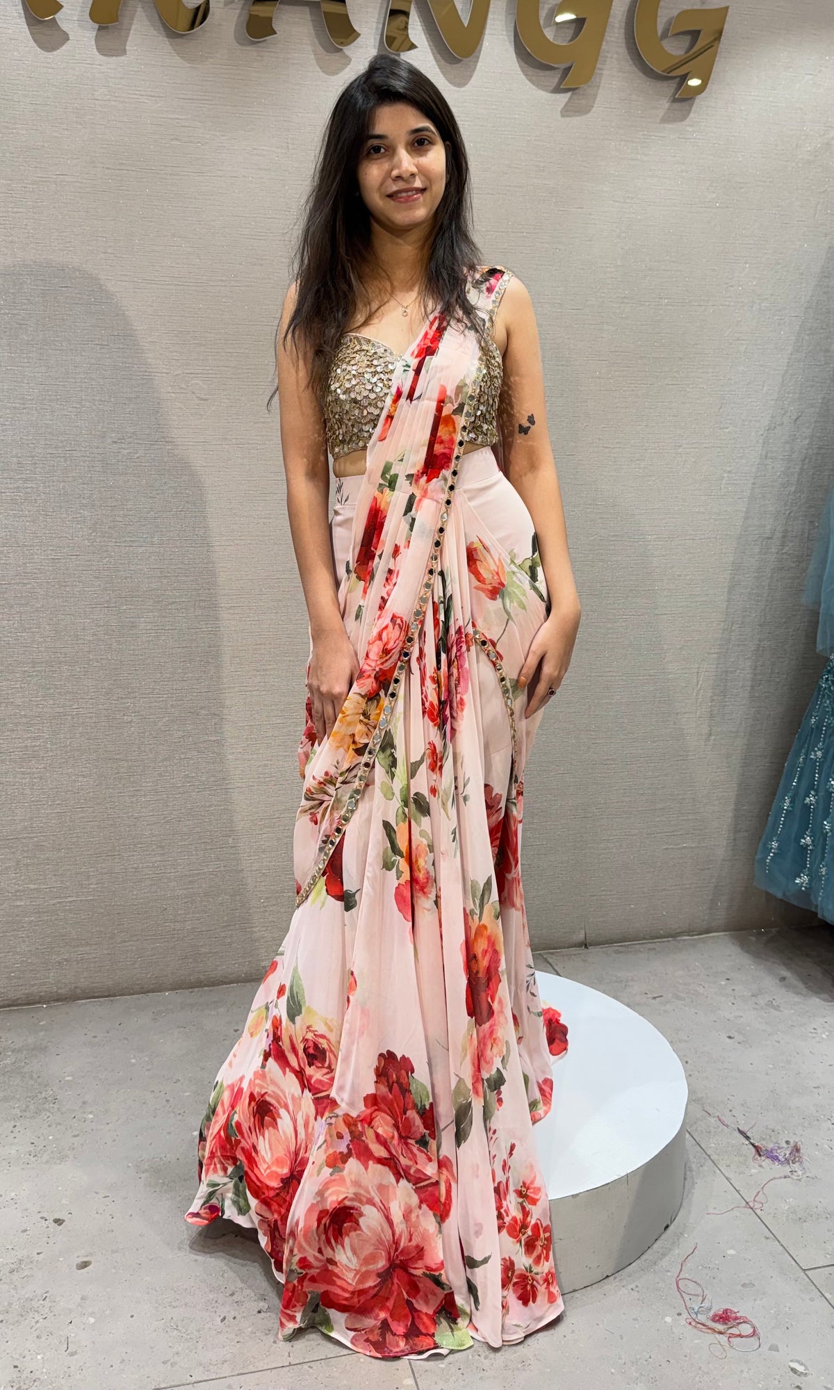 Peach Floral Printed Georgette Draped Saree Set with Embroidered Blouse
