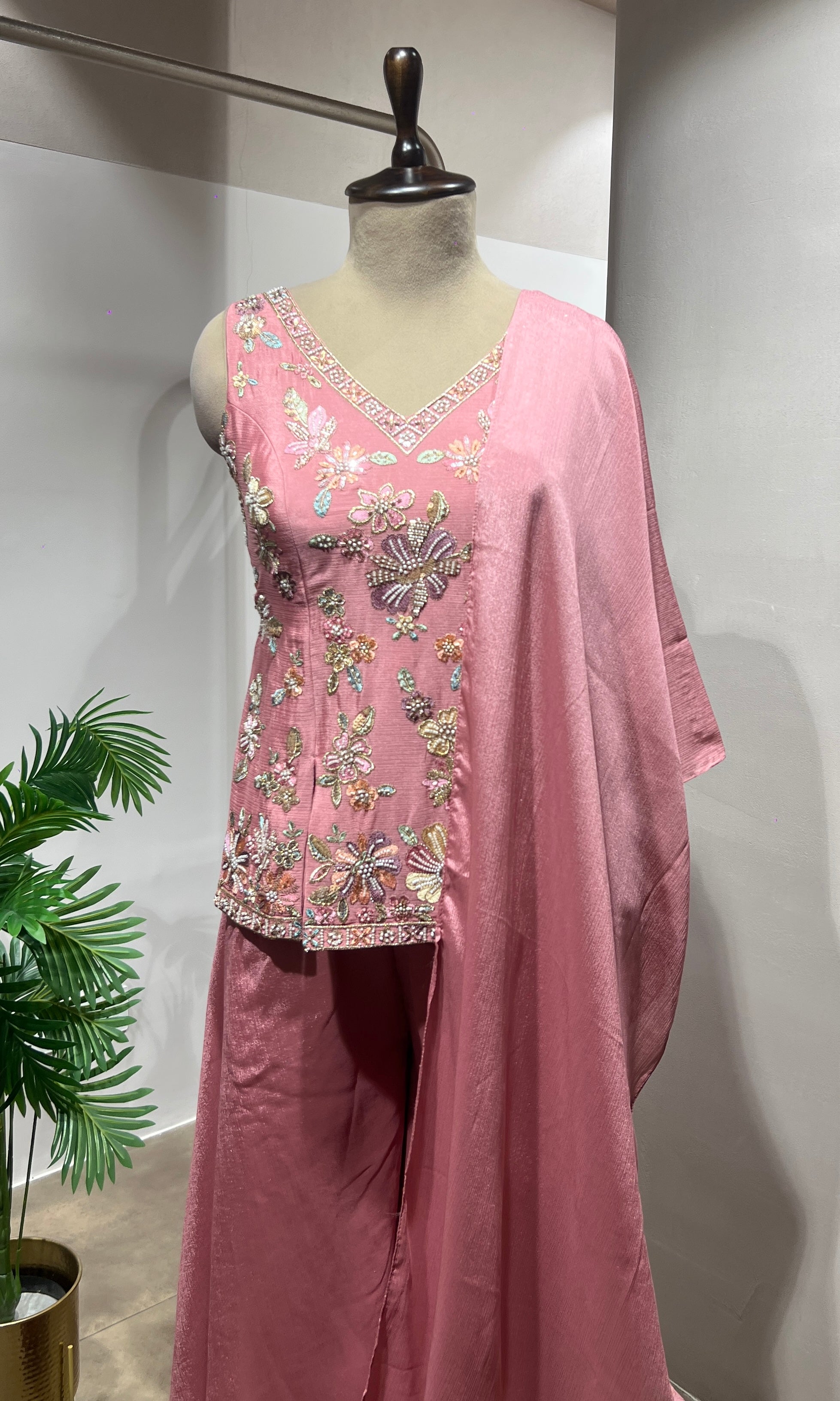 Baby Pink Floral Embroidered Palazzo Suit