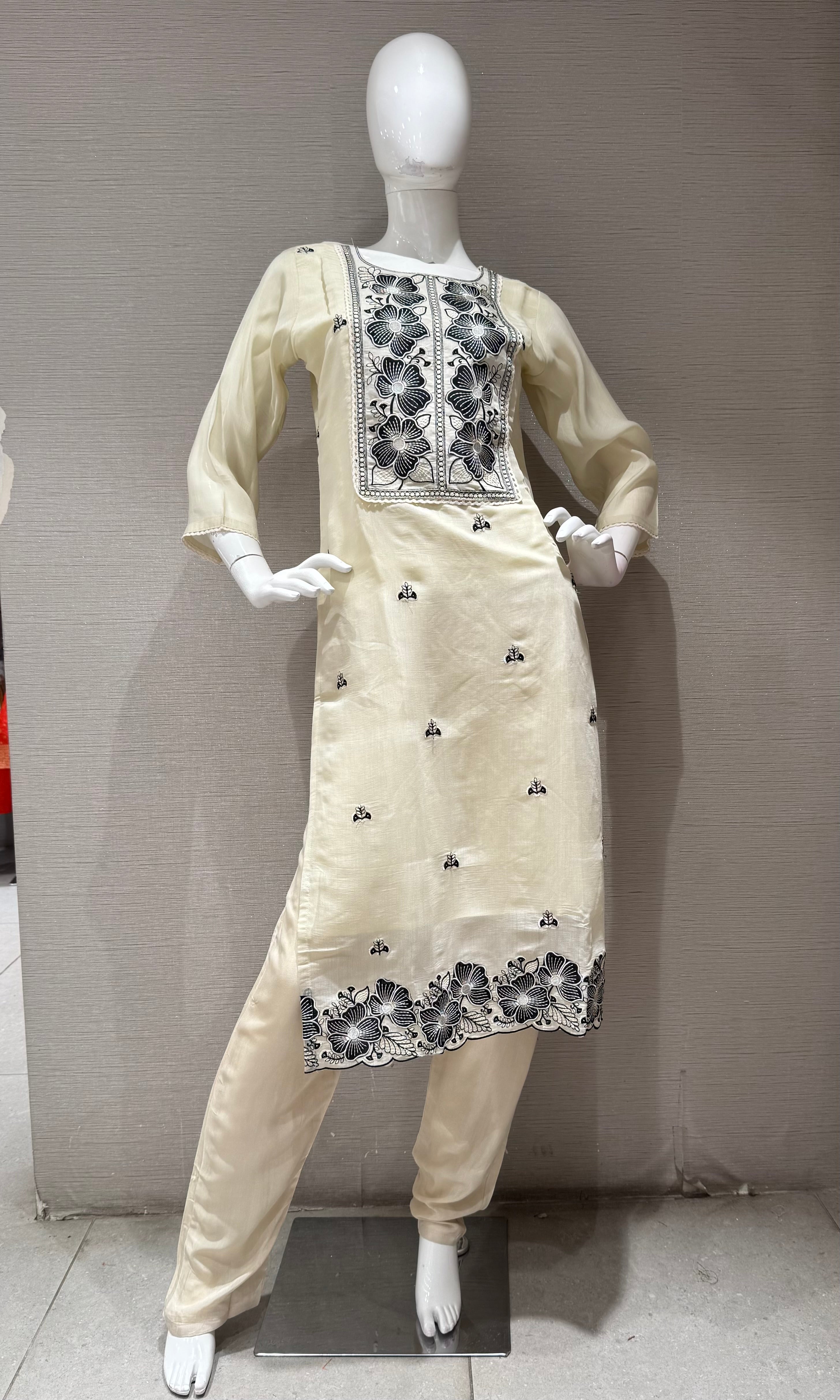 Cream & Black Embroidered Kurta set
