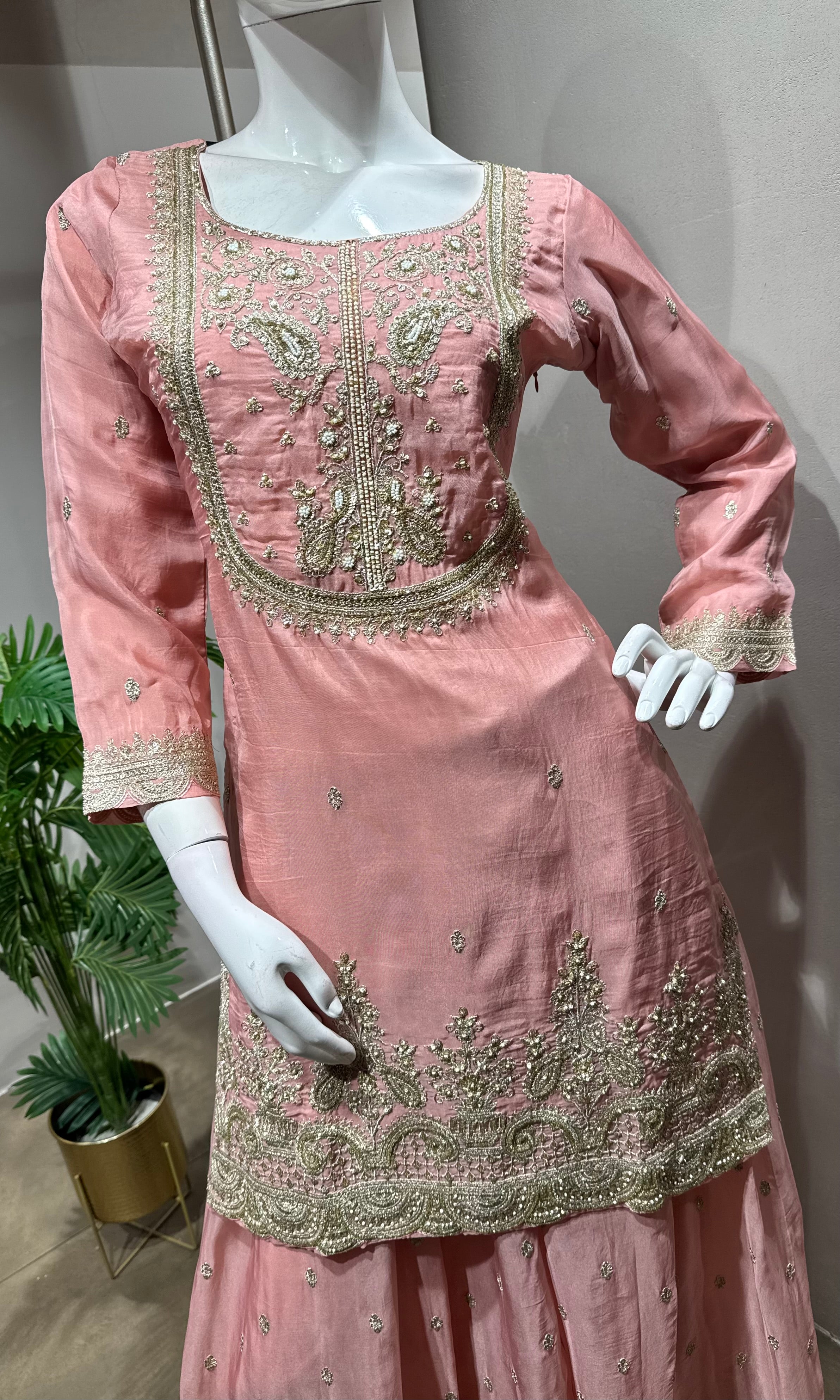 pink silk embroidered sharara set