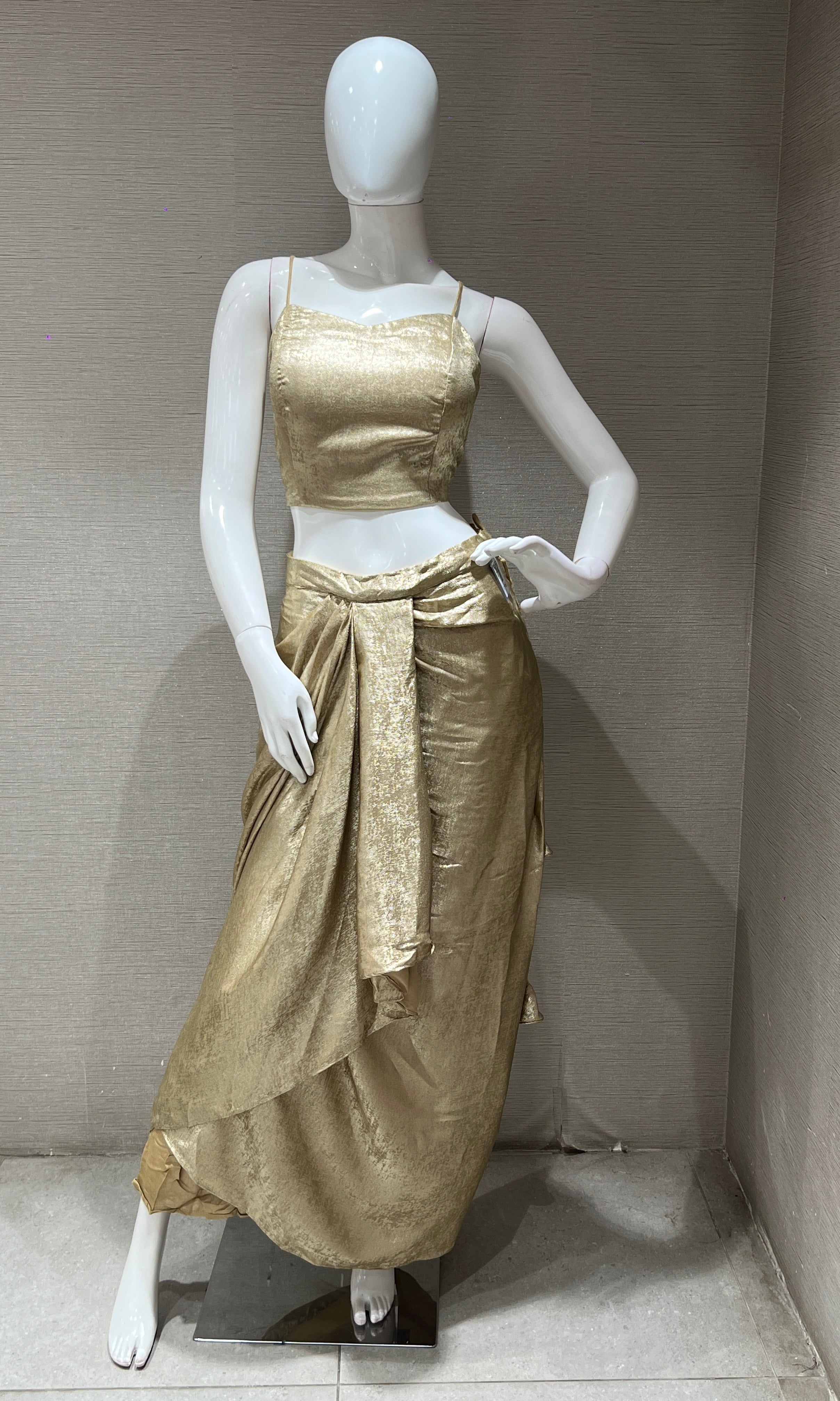 BEIGE RUFFLE DRAPE 3 PIECE INDO WESTERN DRESS