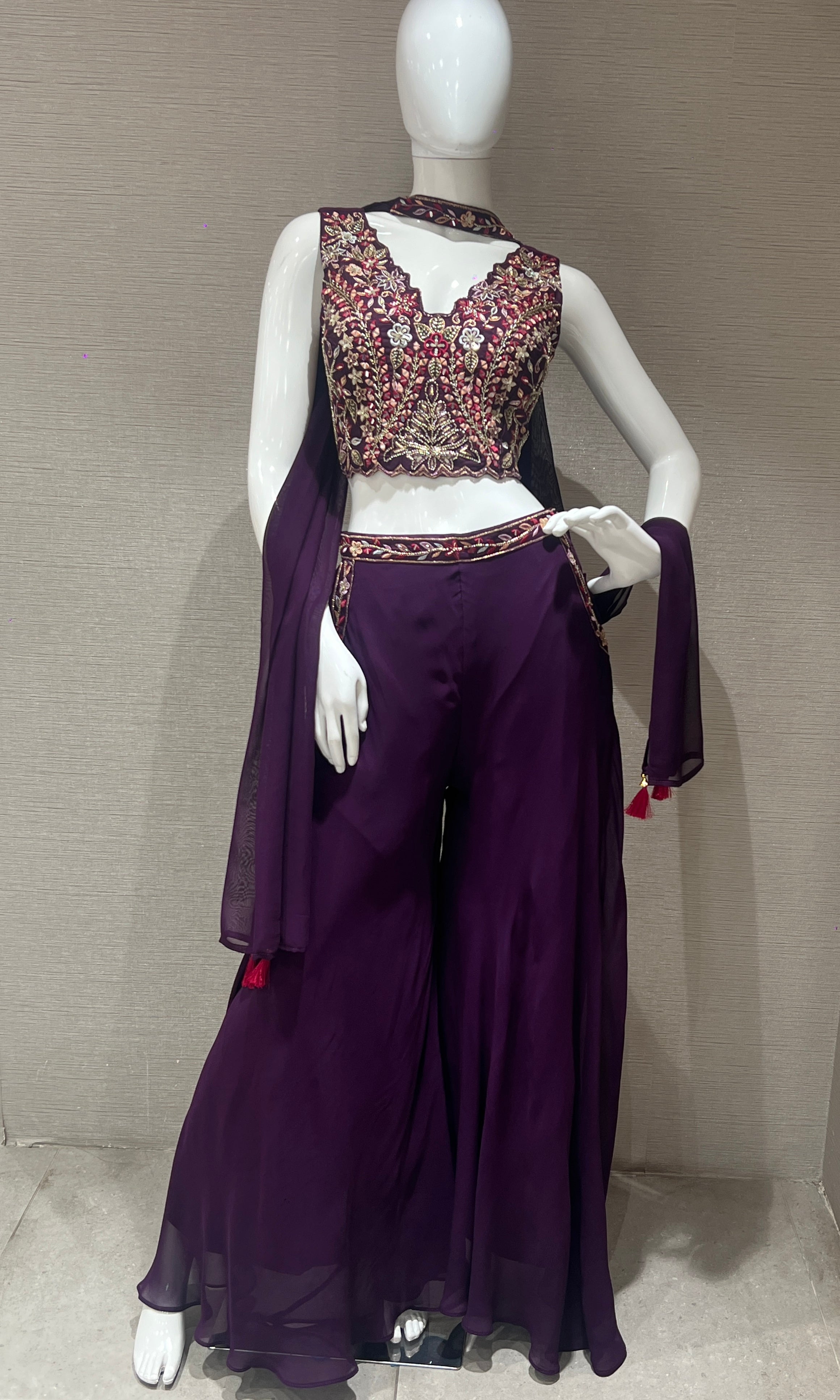 Wine palazzo set with neck dupatta