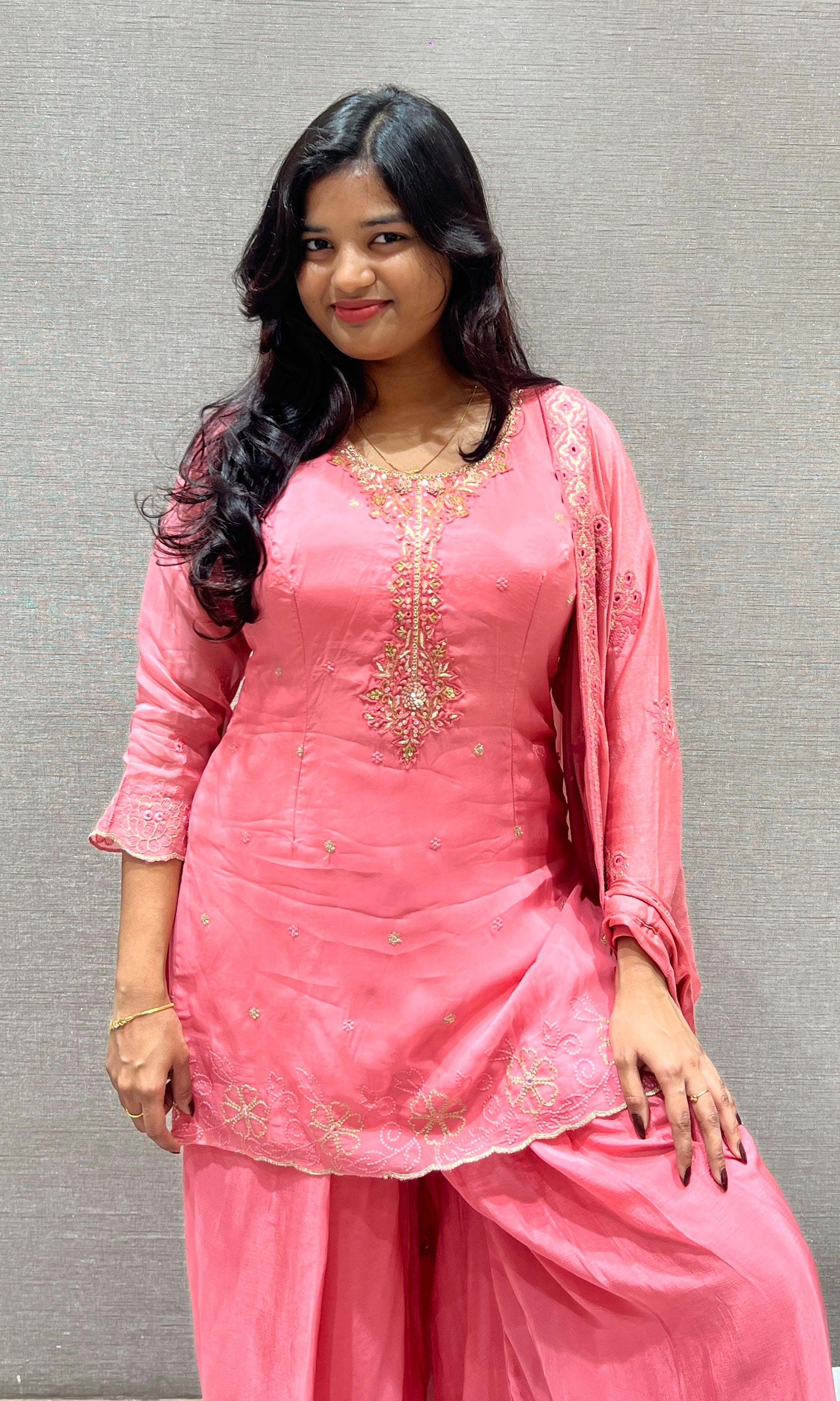 Peach Pink Embroidered Palazoo Set