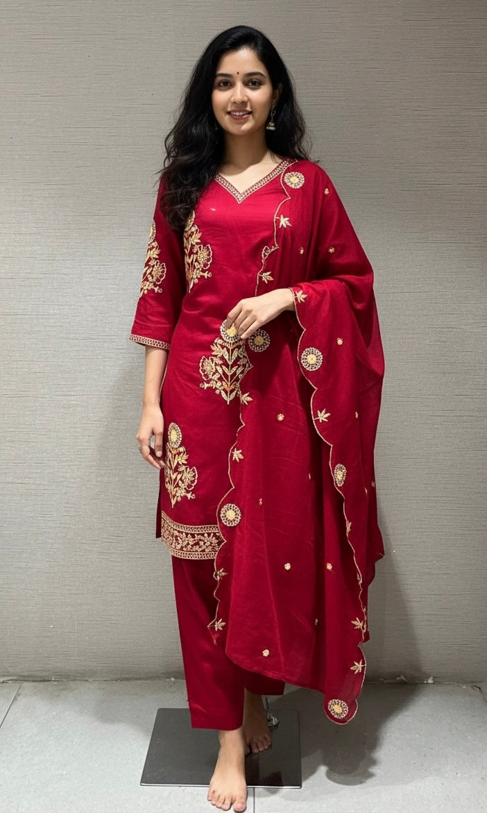 Red FLORAL EMBROIDERY kurta set