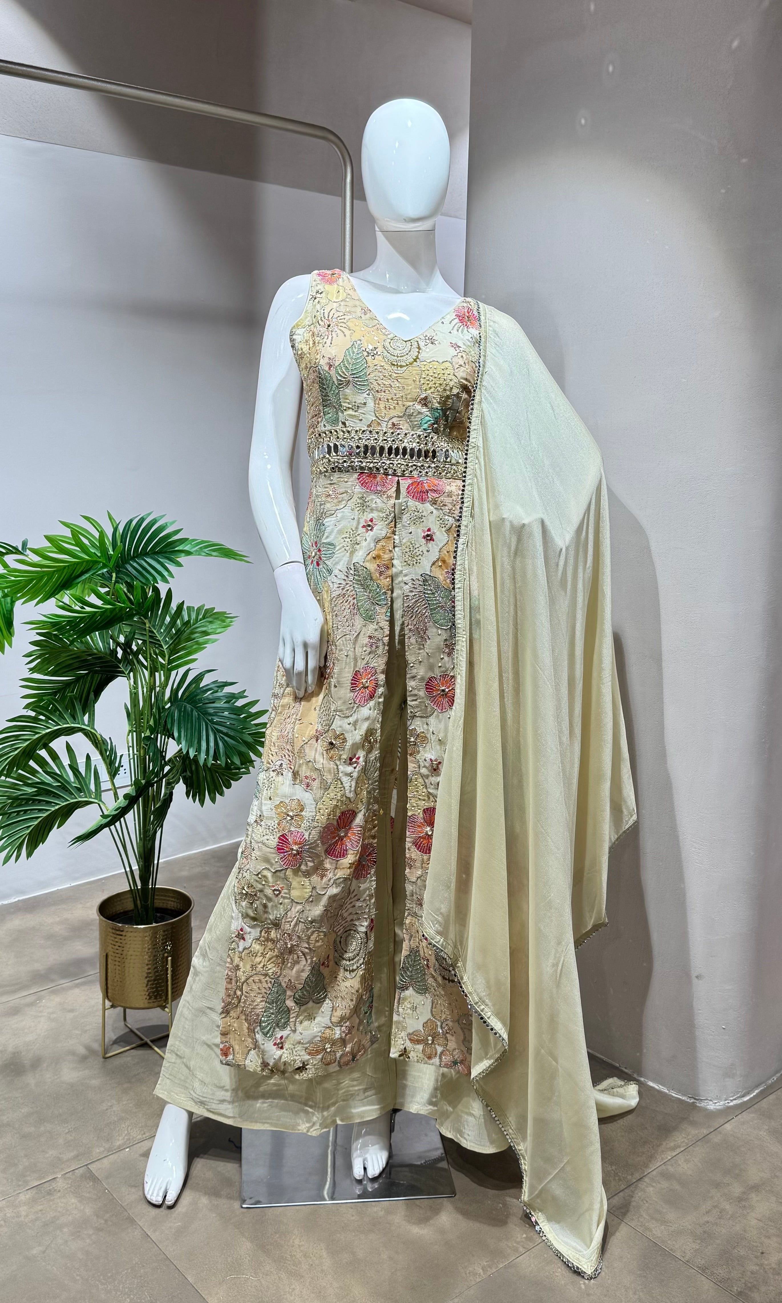 Cream floral embroidery palazzo set