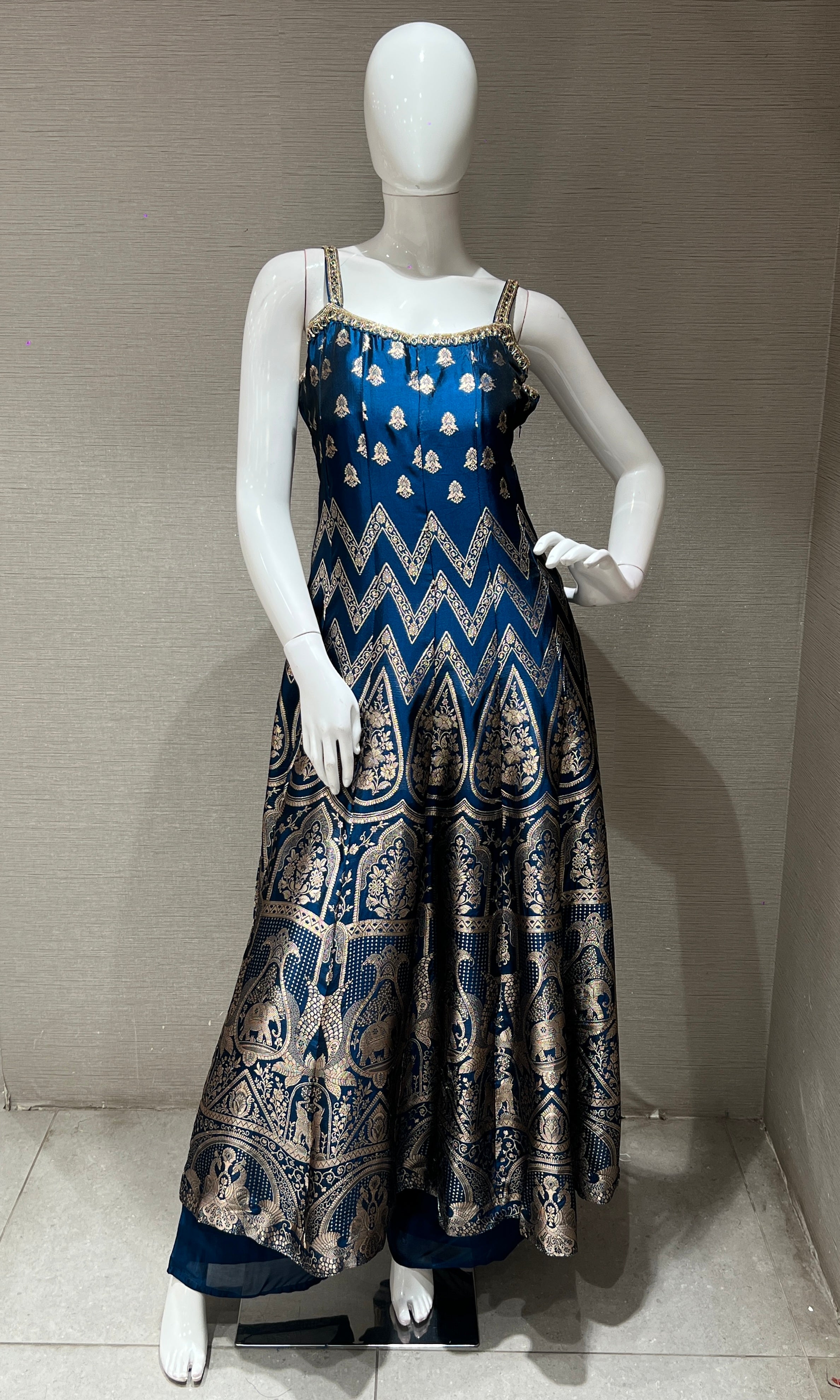 Peacock Blue Anarkali with Gold Print embroidery