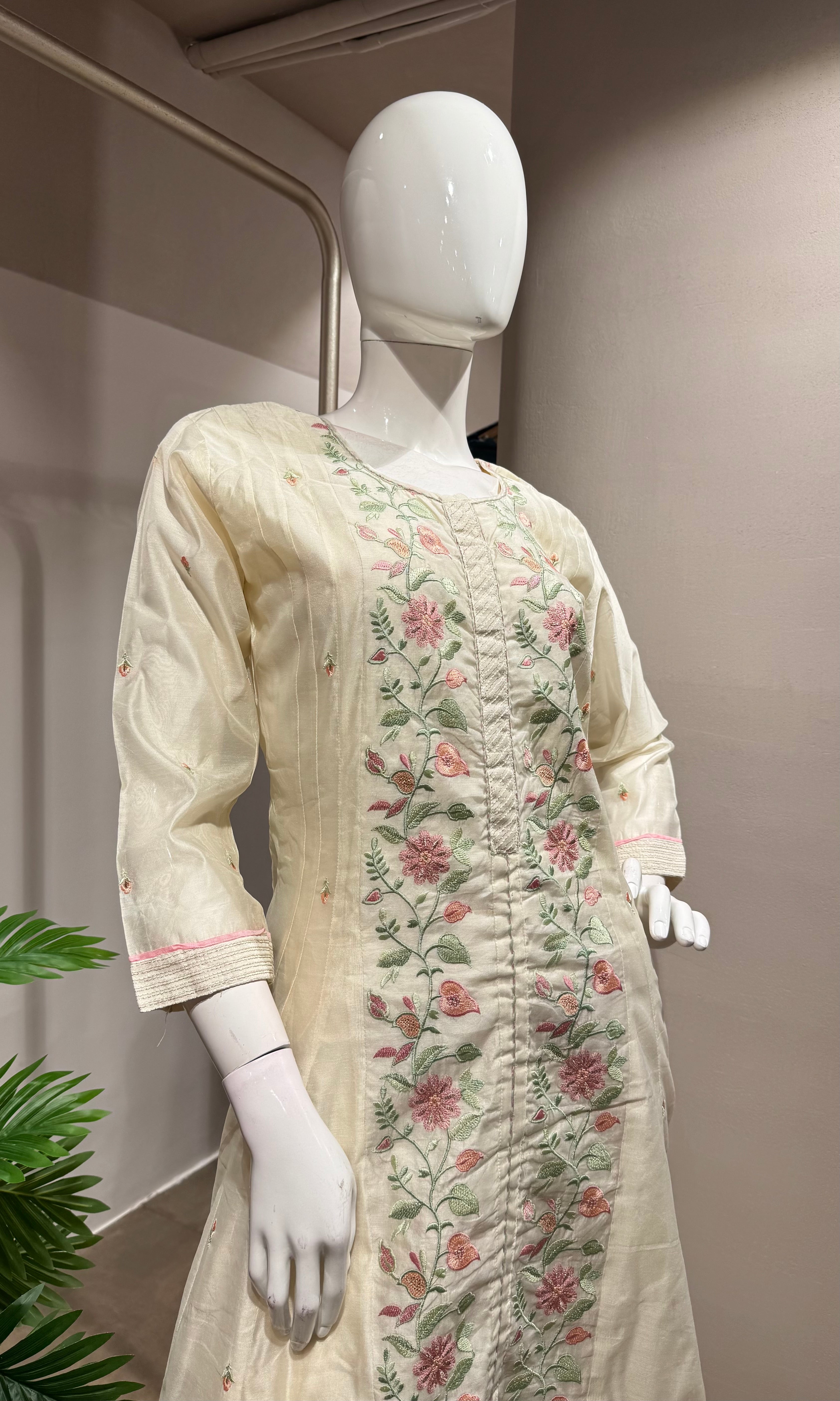 Cream Floral front slit Anarkali set