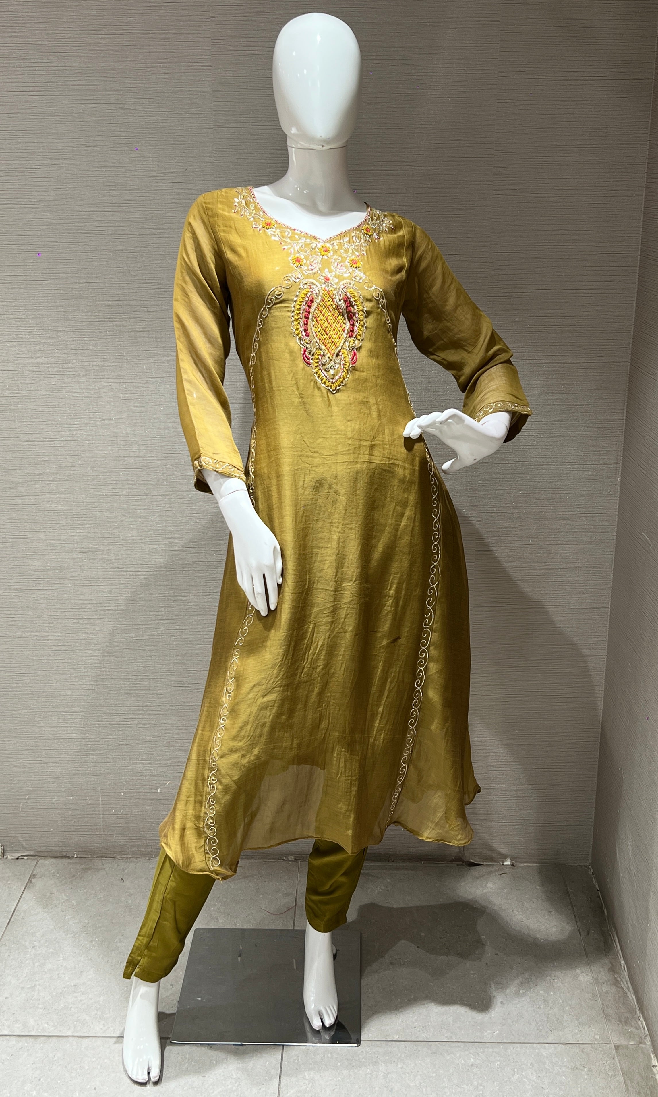 olive green embroidered MUL CHANDERI kurta set