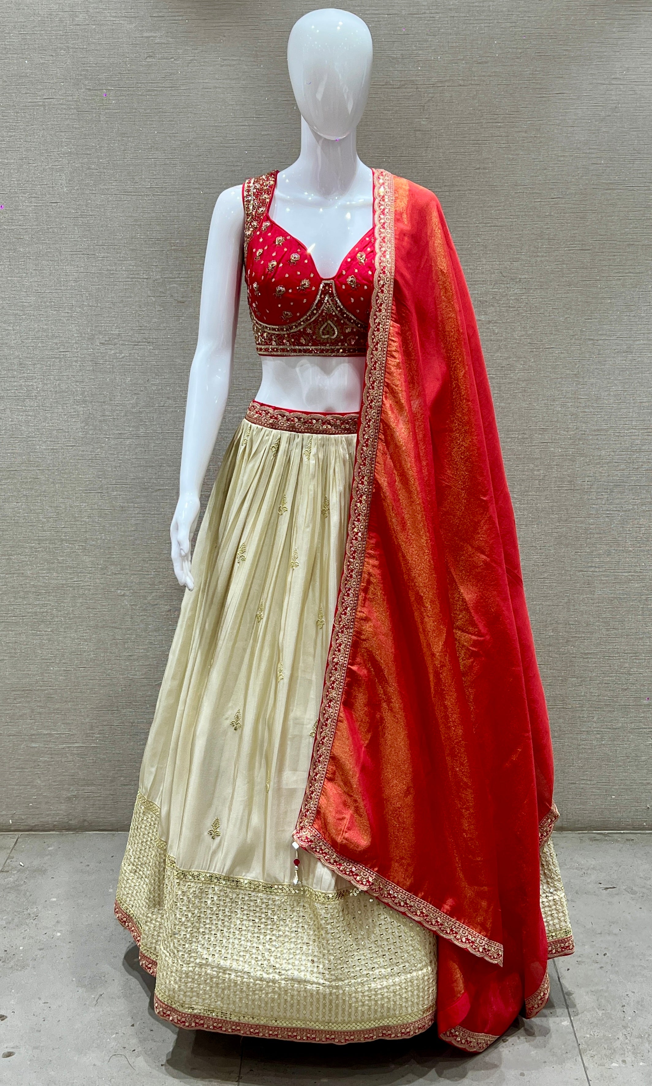 RED AND CREAM EMBROIDERED LEHENGA