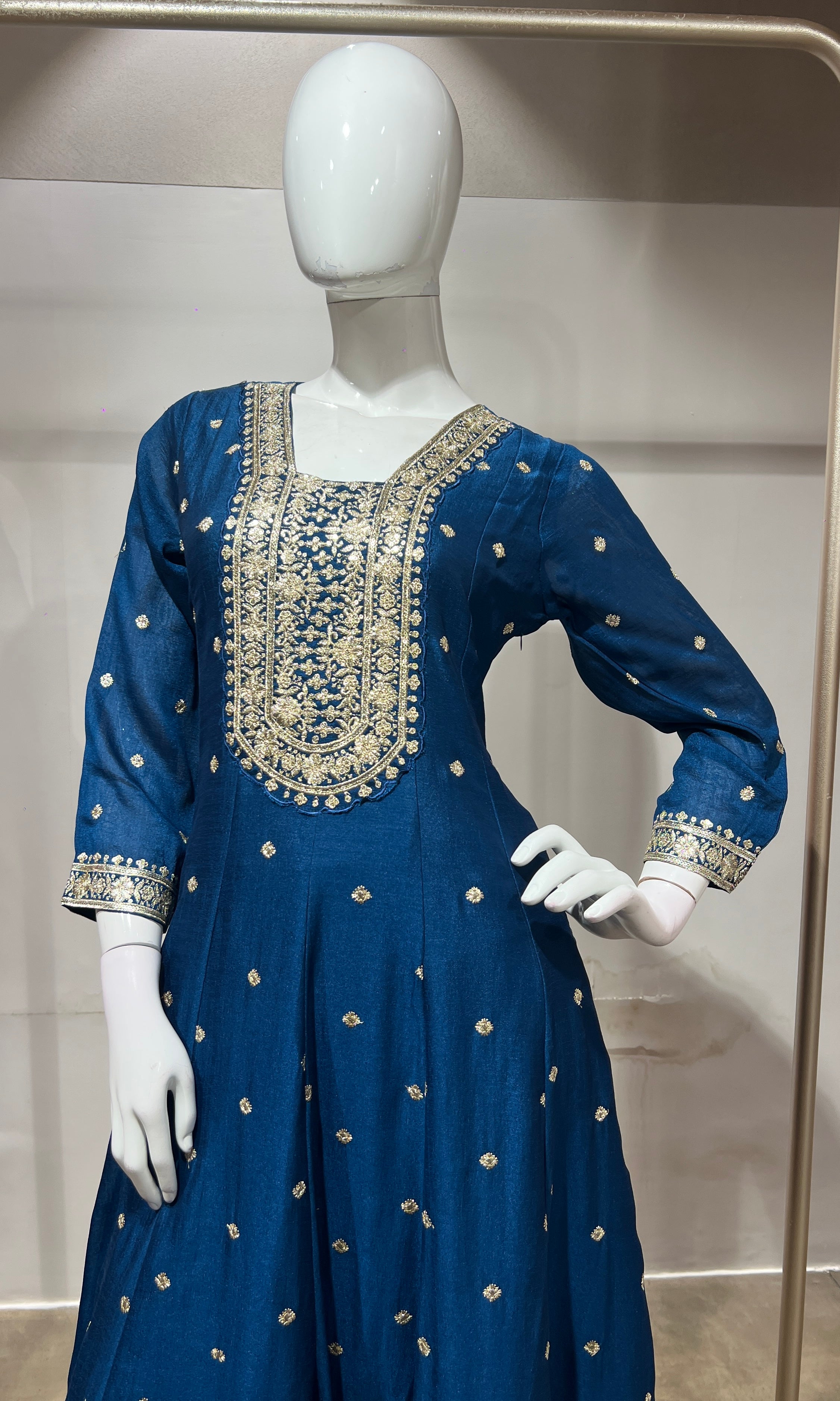 Blue gold embroidered Anarkali set