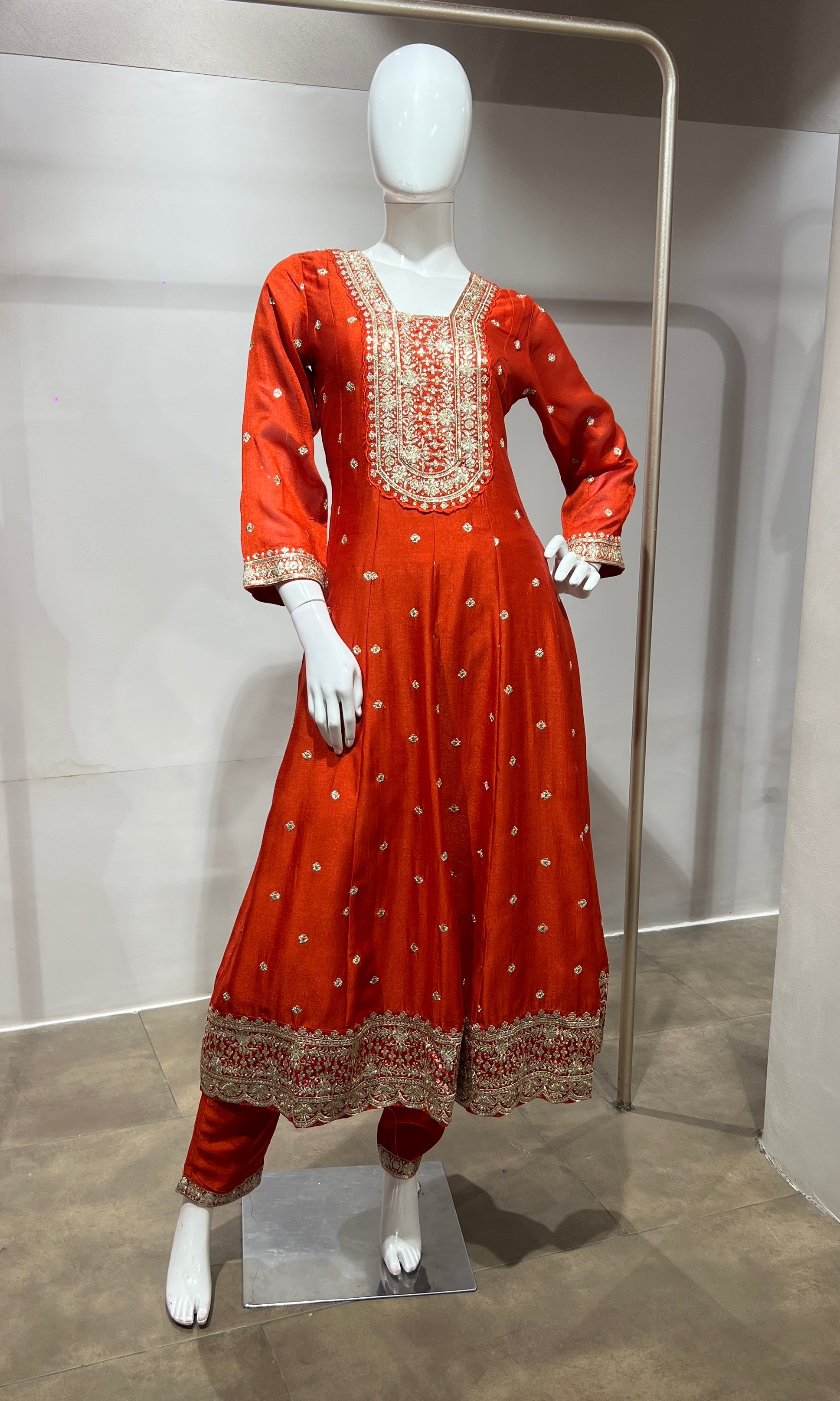 Rust gold embroidered Anarkali set