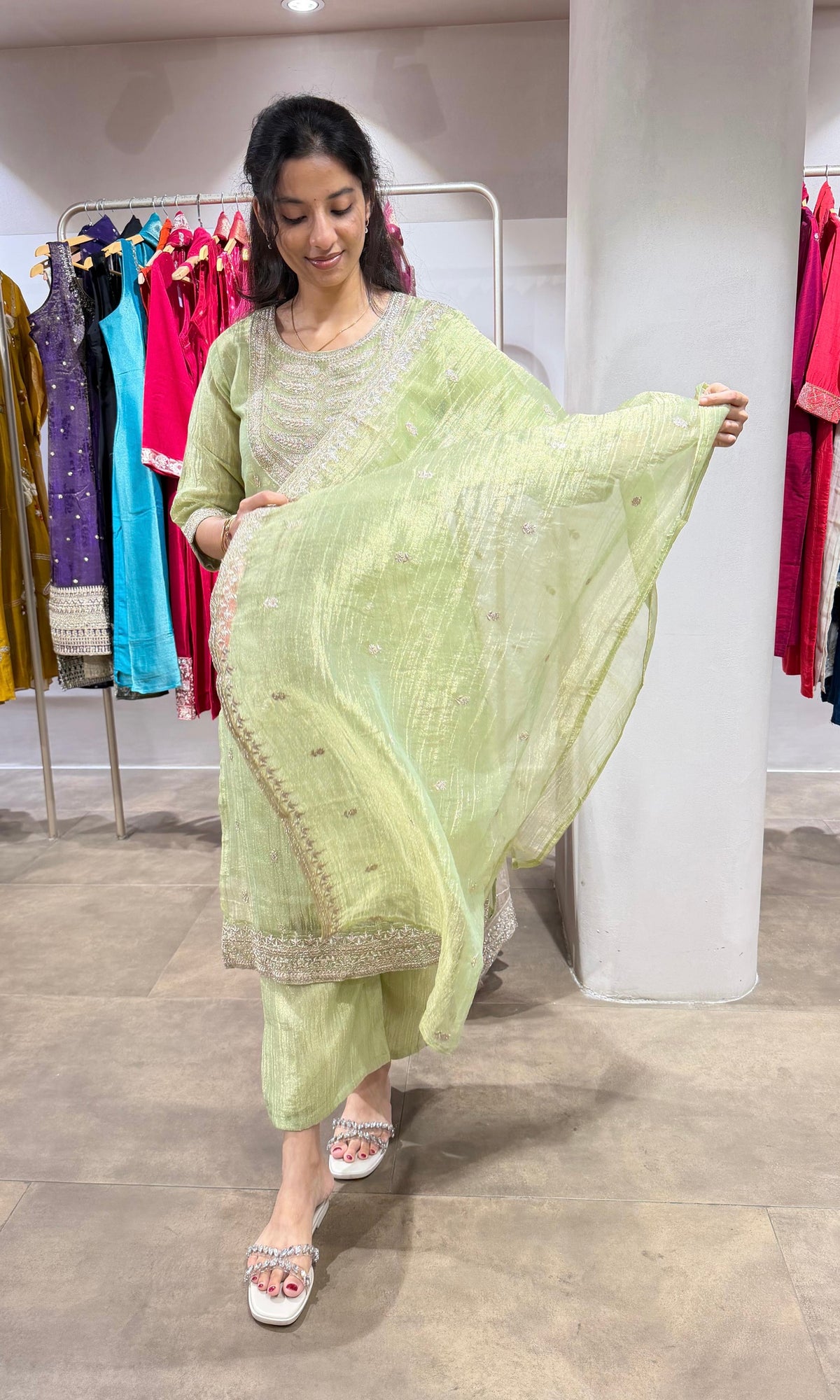 Green Shimmer tissue kurta set with Gold Embroidery