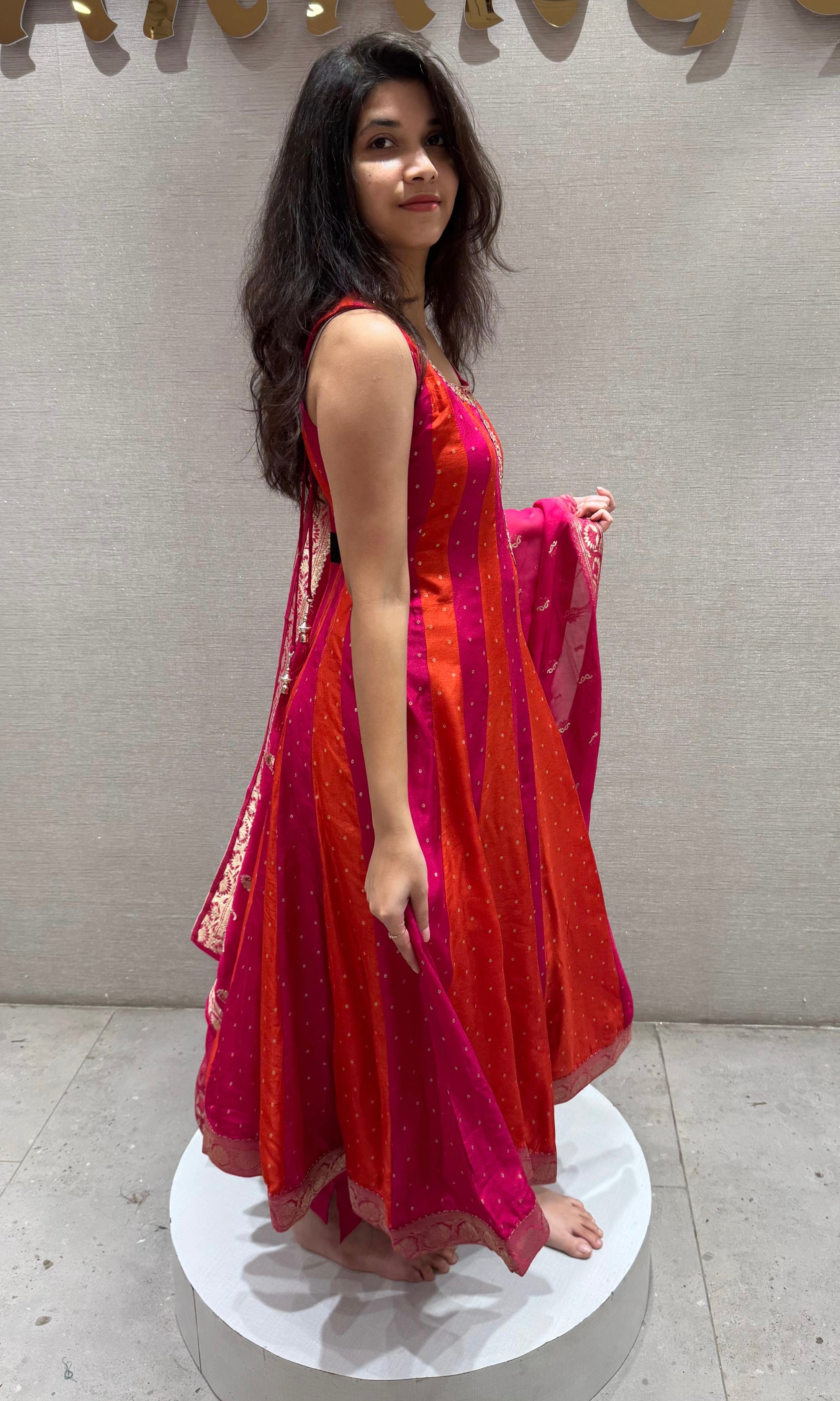 Rani Pink and Orange Stripe Anarkali