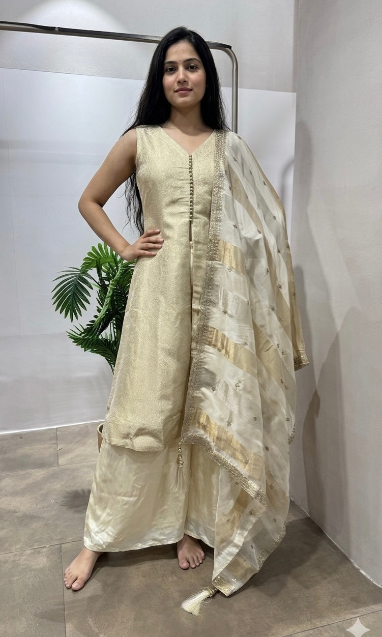 Cream AND GOLD ANARKALI WITH PALAZZO PANTS