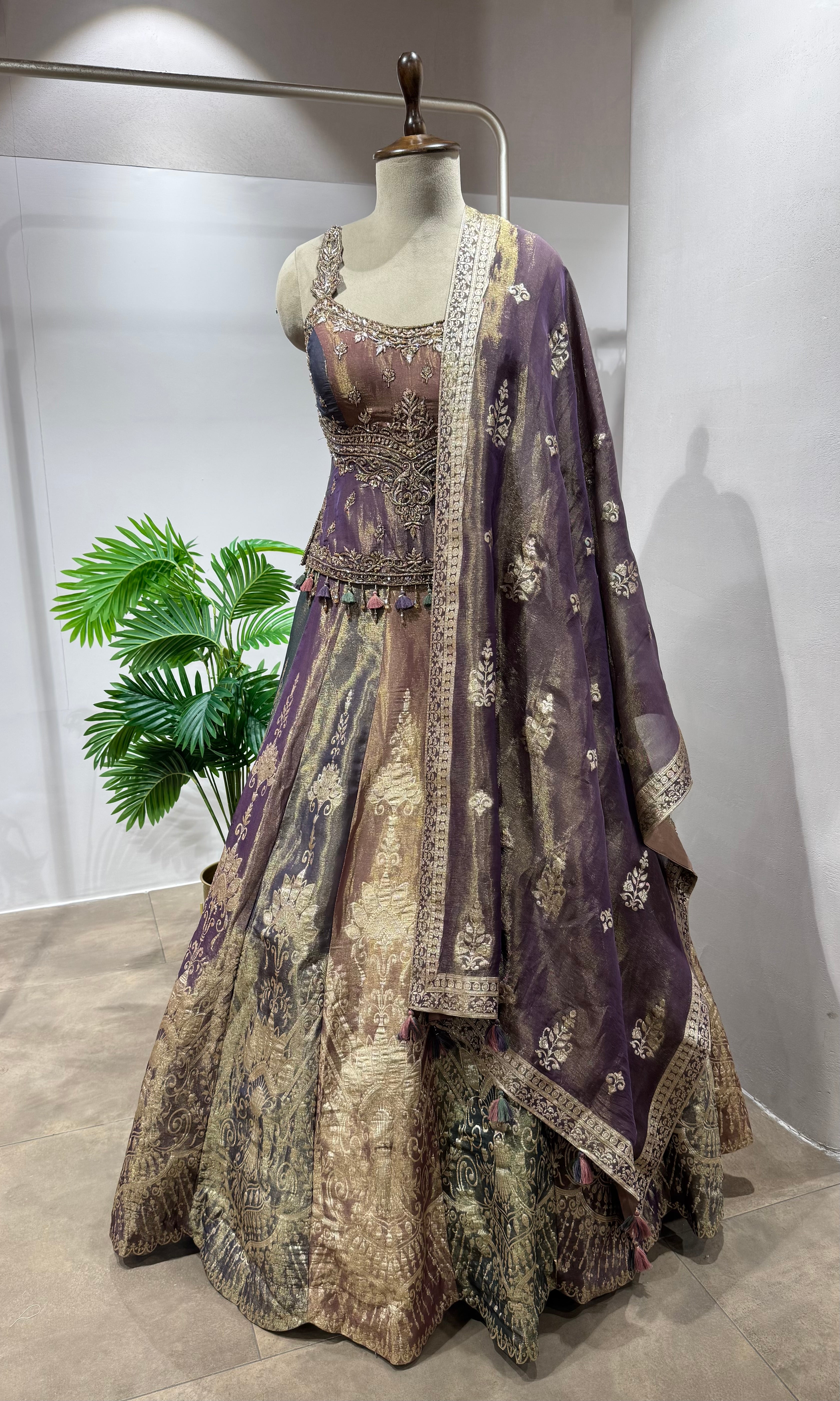 purple and gold embroidered lehenga