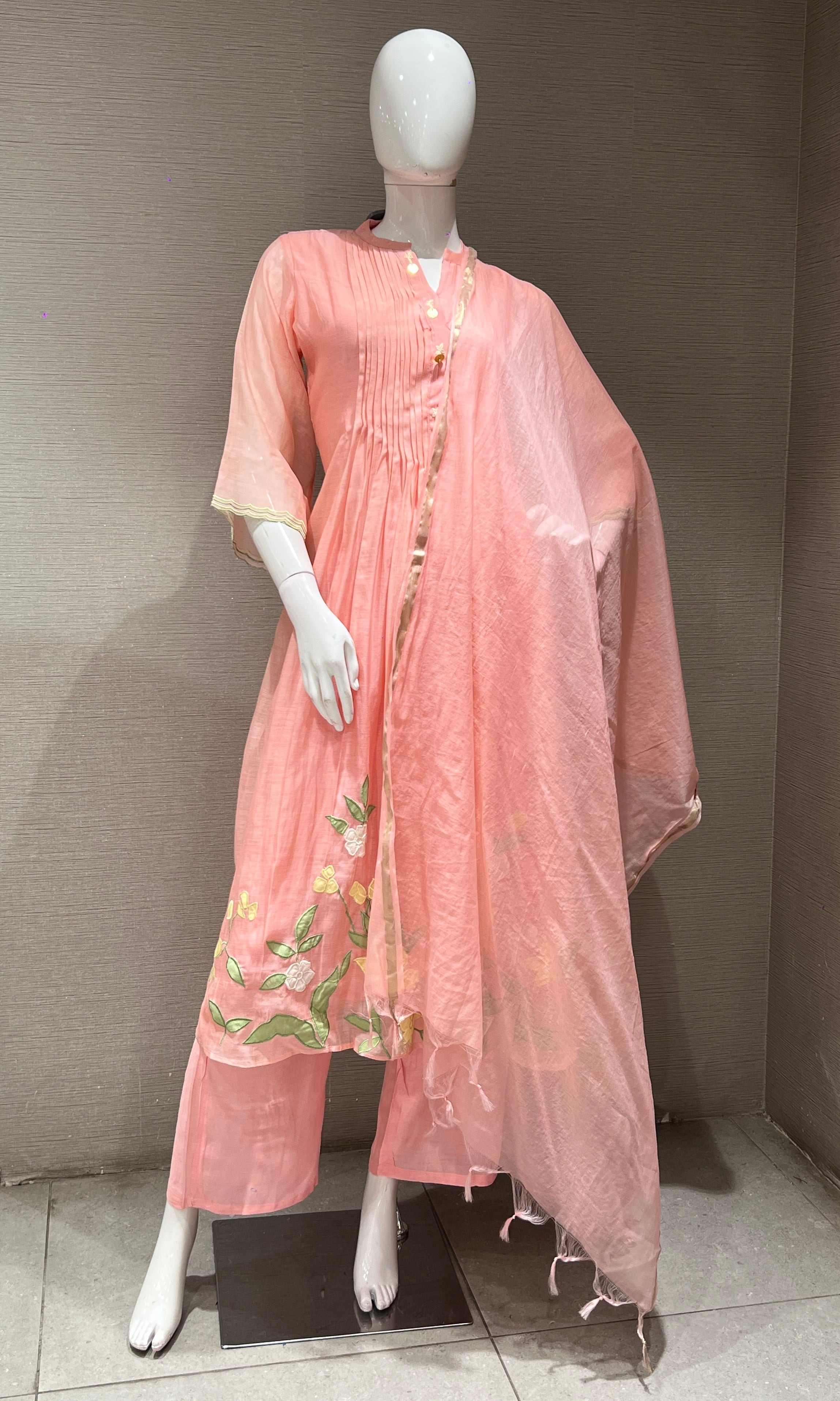 pink FLORAL MUL CHANDERI KURTA SET