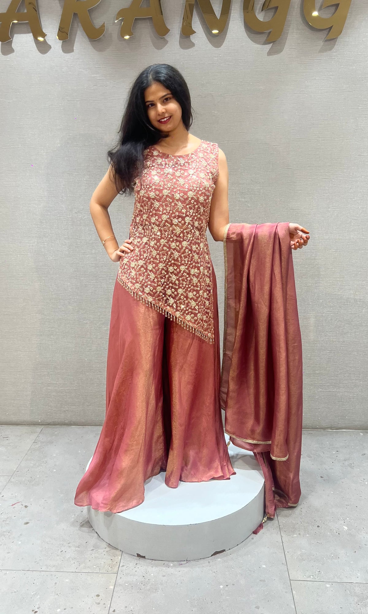 Rust Shimmer Floral Palazzo set with Dupatta