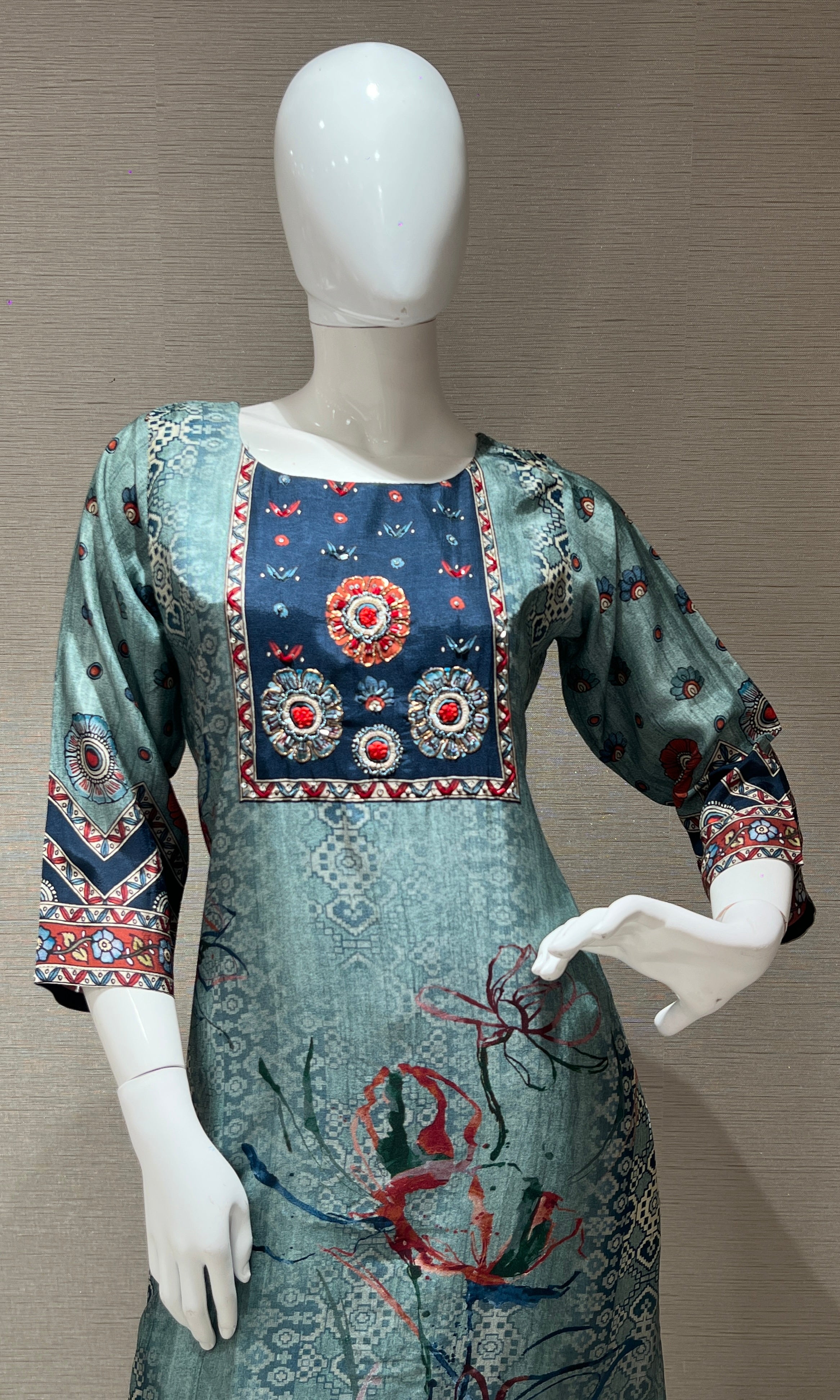 blue and sea green tussar silk kurta set