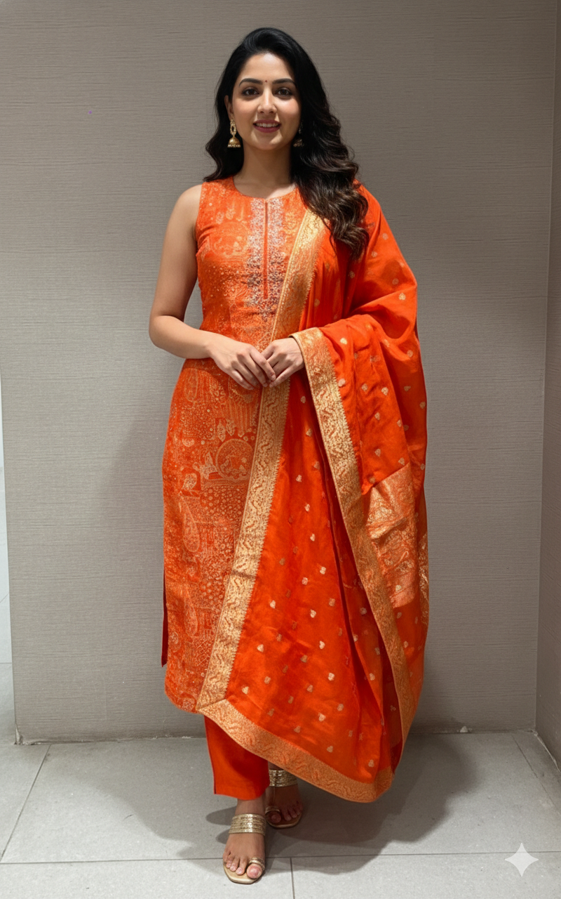 ORANGE ETHNIC KURTA SET WITH WOVEN DUPATTA