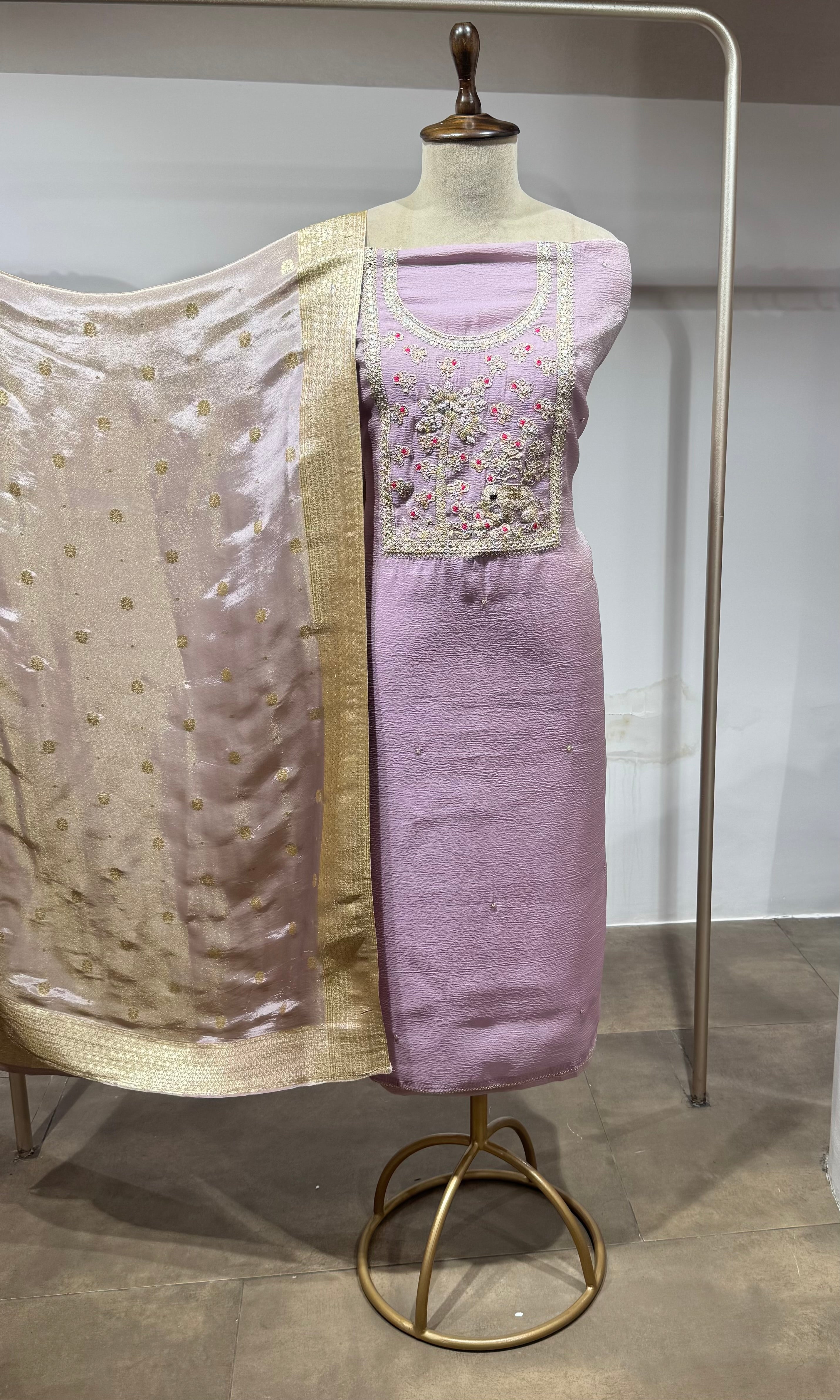 Lavender embroidered dress material