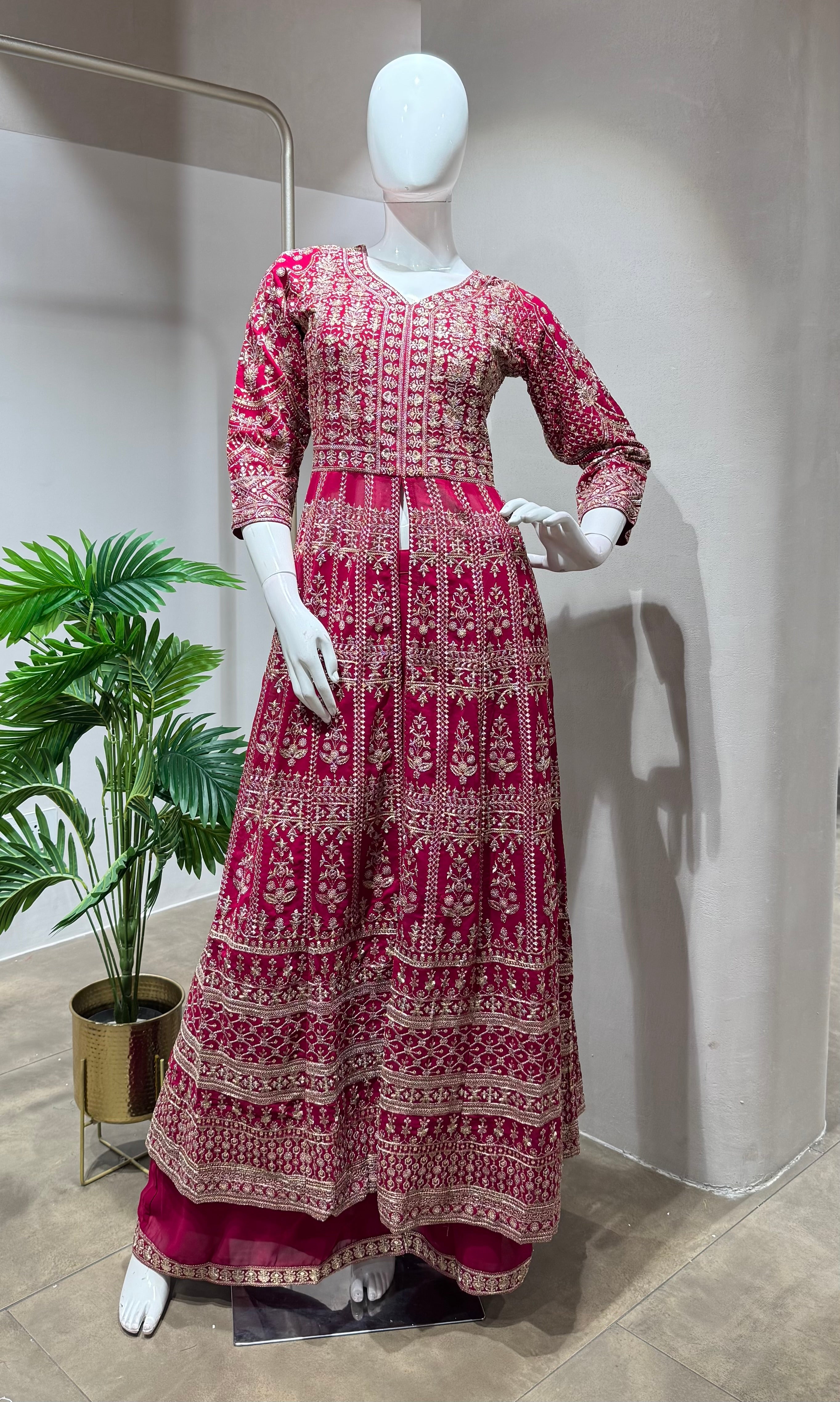 RANI PINK Embroidered front Slit anarkali set