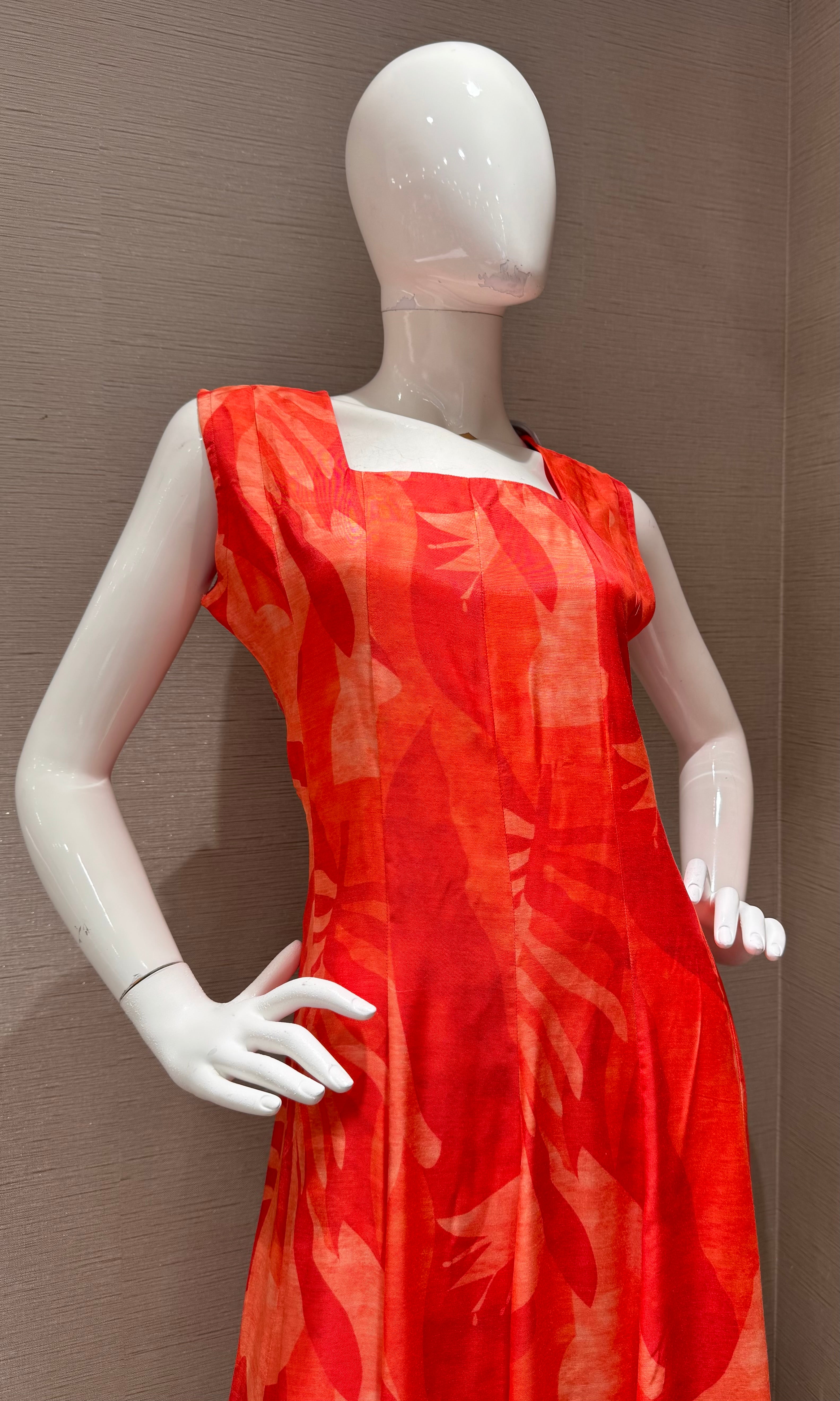 Orange Abstract Leaf Print Flare kurti